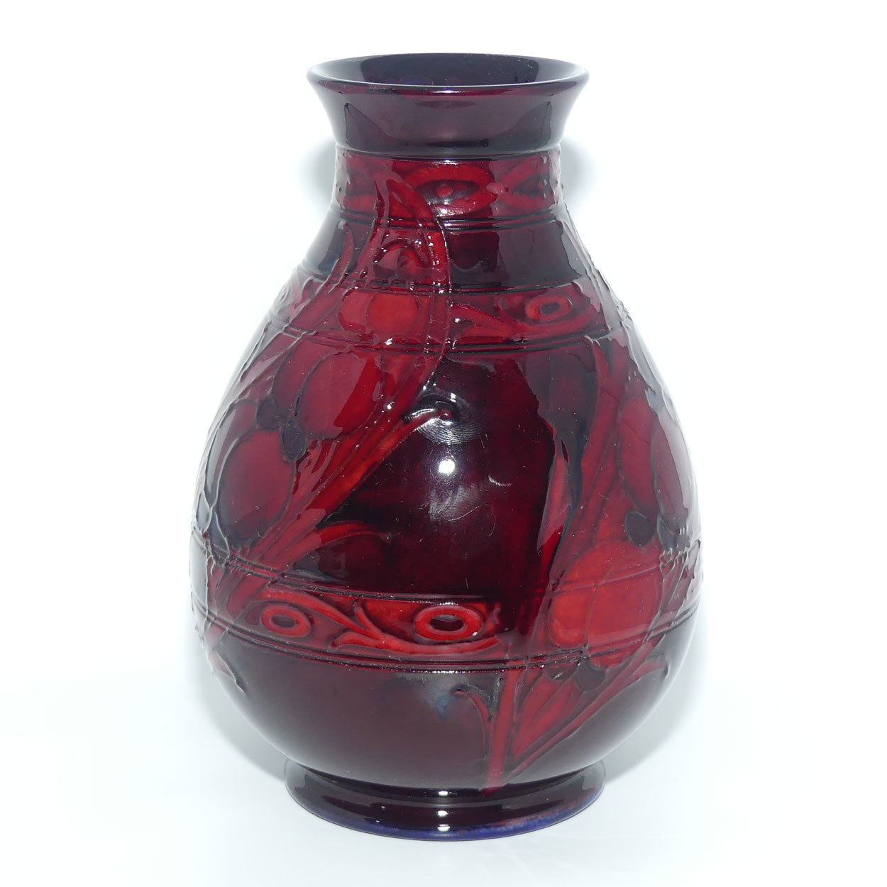 William Moorcroft Wisteria and Peacock Feather vase | Shape 7 | Horizontal Bands | Flambe Glaze