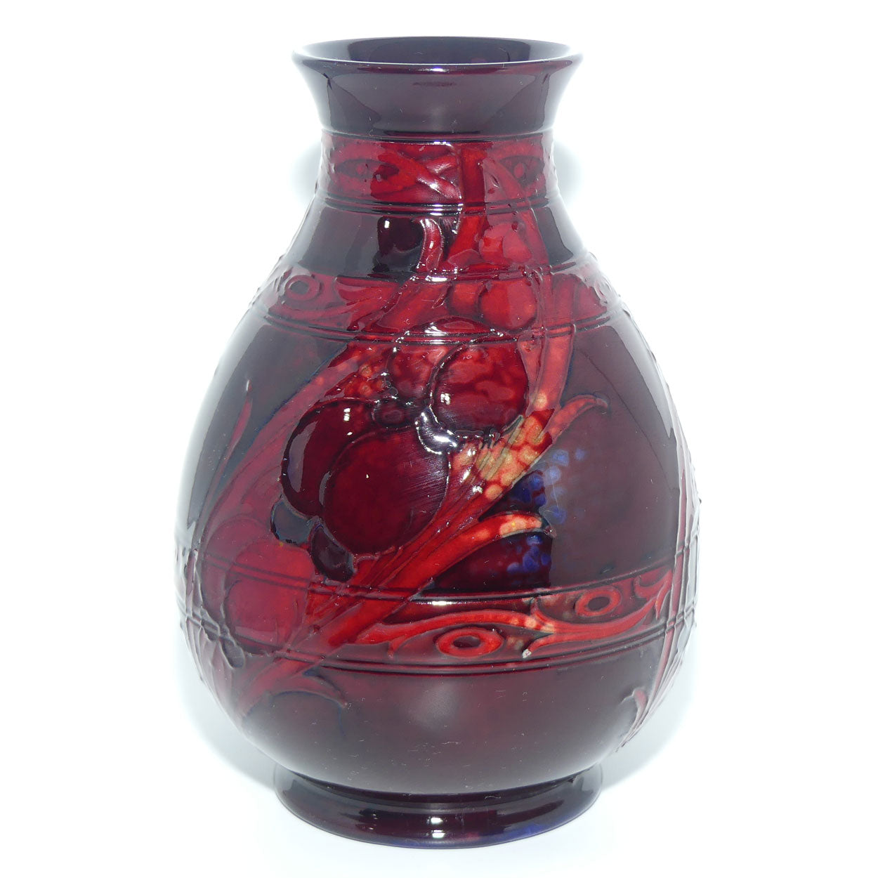 William Moorcroft Wisteria and Peacock Feather vase | Shape 7 | Horizontal Bands | Flambe Glaze