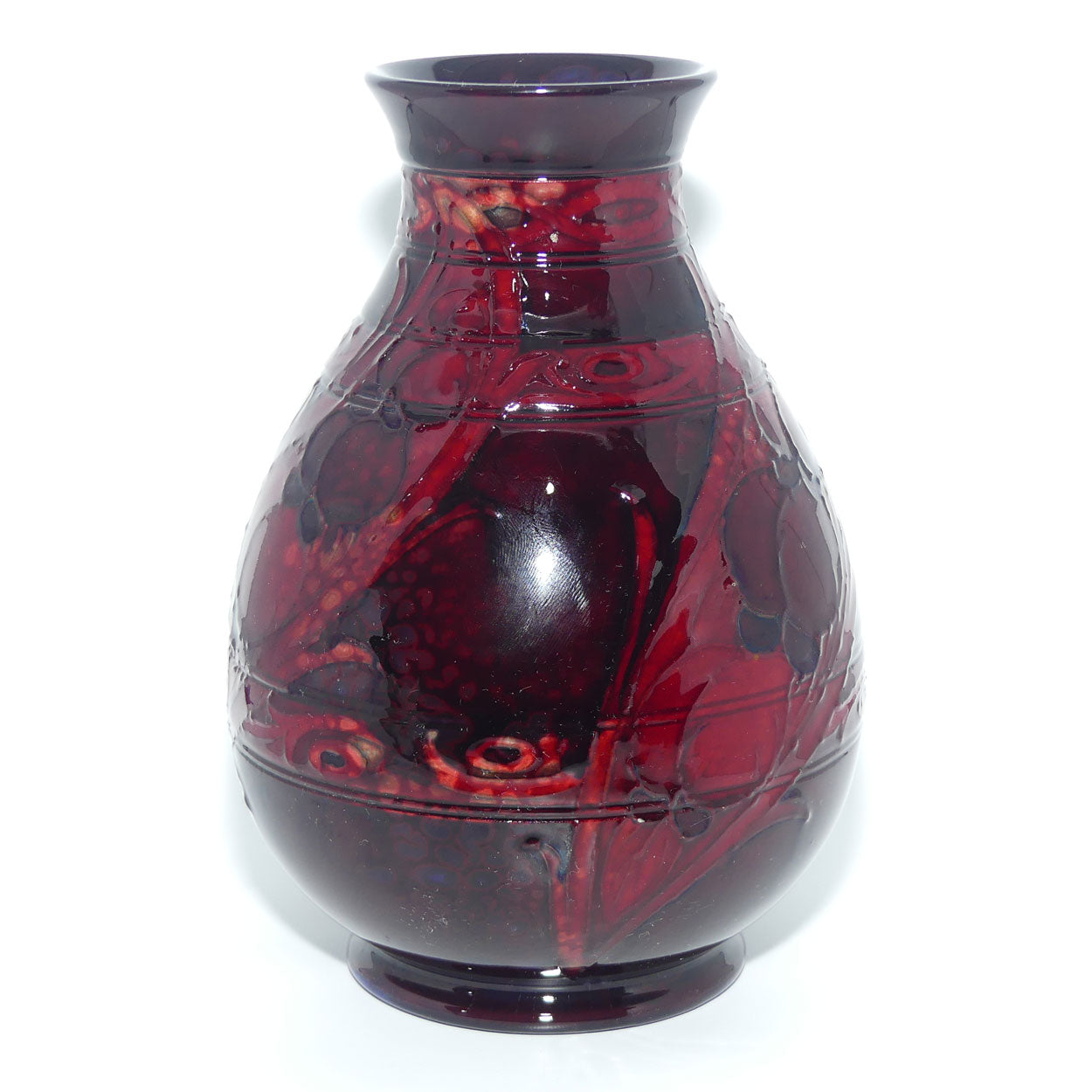 William Moorcroft Wisteria and Peacock Feather vase | Shape 7 | Horizontal Bands | Flambe Glaze