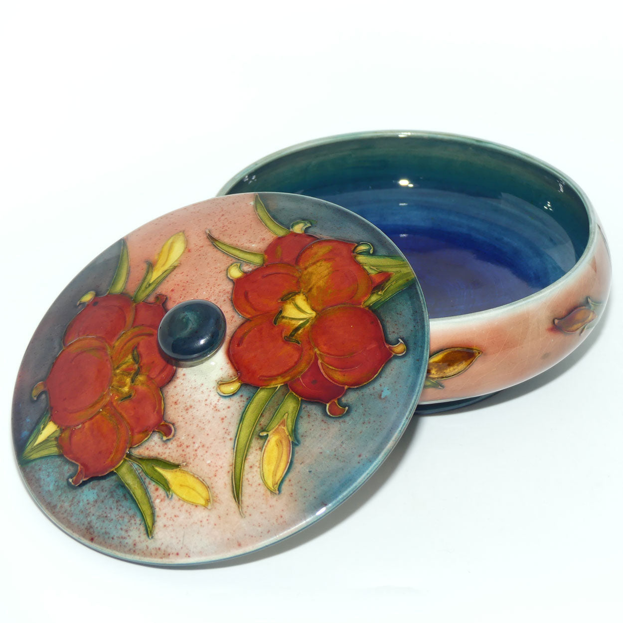 Walter Moorcroft Flambe Freesia large lidded powder bowl