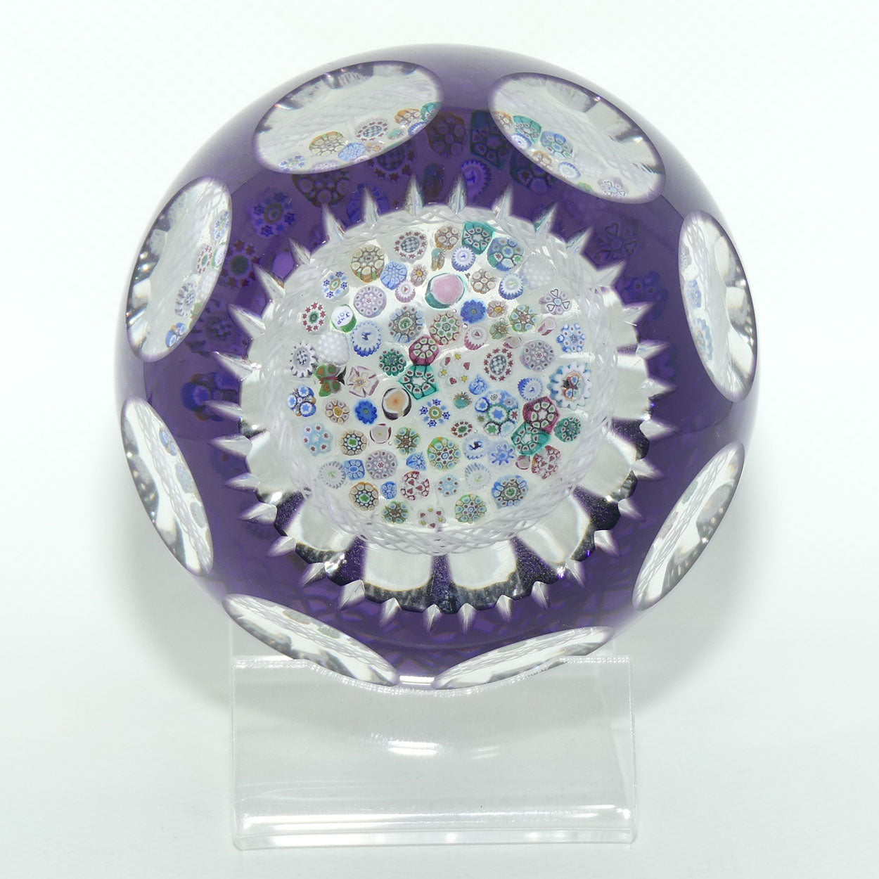 John Deacons Scotland Amethyst Flash Overlay Closepack Millefiori paperweight