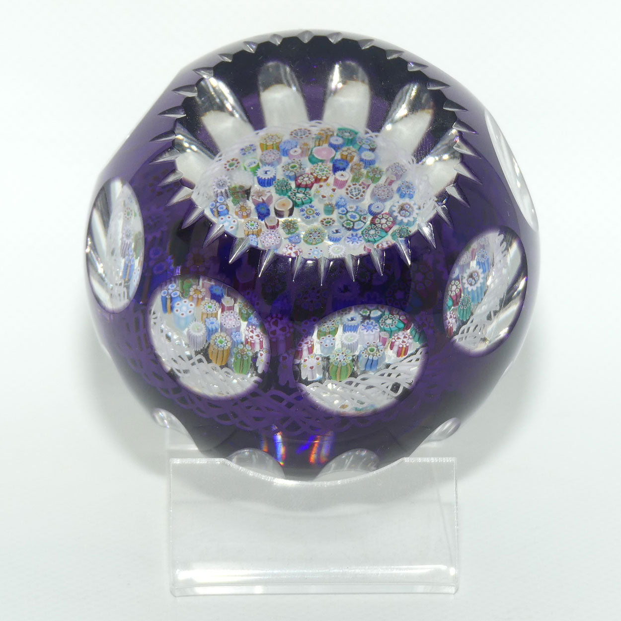 John Deacons Scotland Amethyst Flash Overlay Closepack Millefiori paperweight