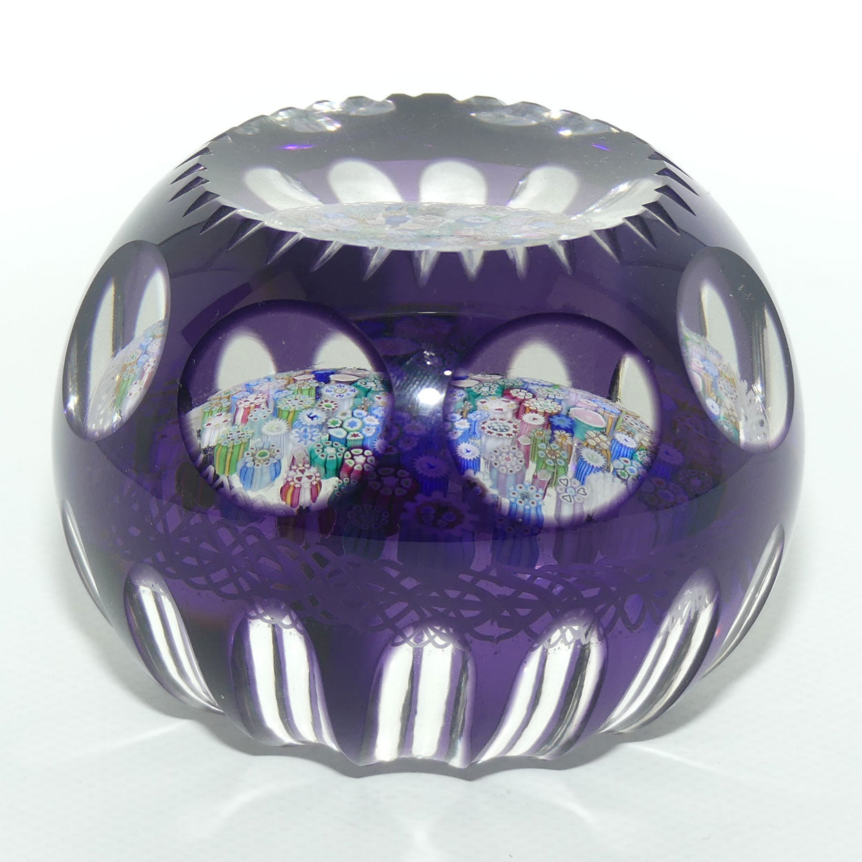 John Deacons Scotland Amethyst Flash Overlay Closepack Millefiori paperweight