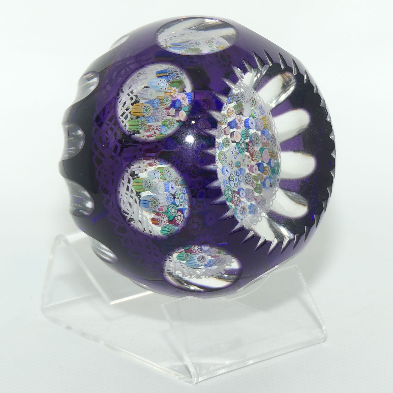 John Deacons Scotland Amethyst Flash Overlay Closepack Millefiori paperweight