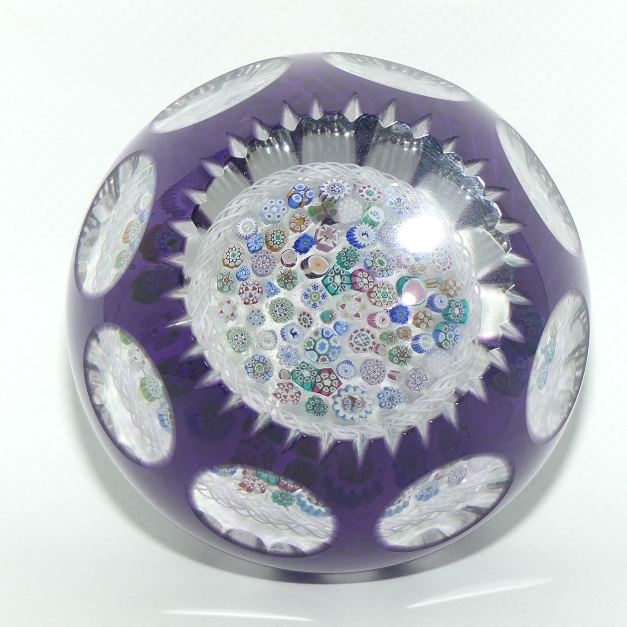 John Deacons Scotland Amethyst Flash Overlay Closepack Millefiori paperweight