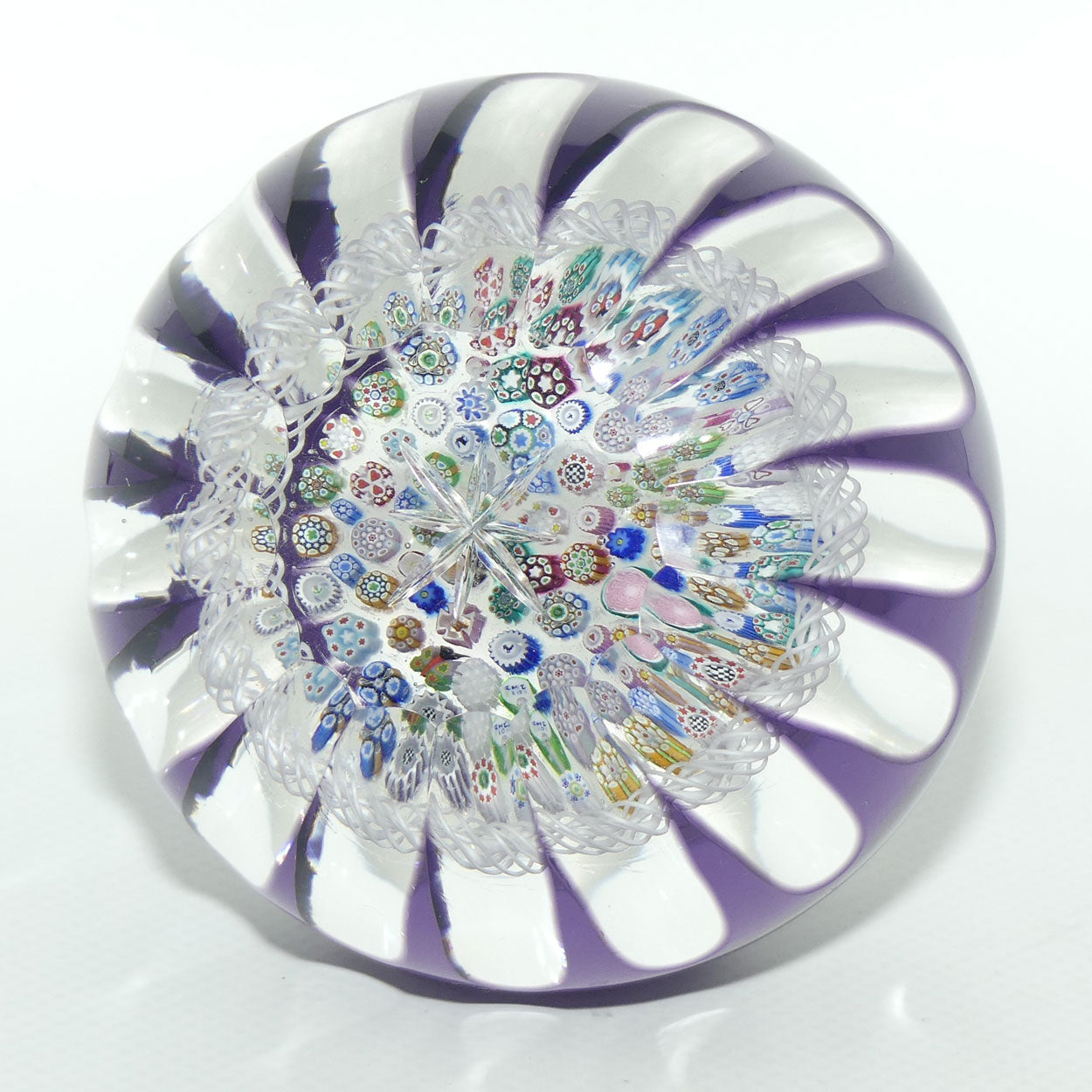 John Deacons Scotland Amethyst Flash Overlay Closepack Millefiori paperweight