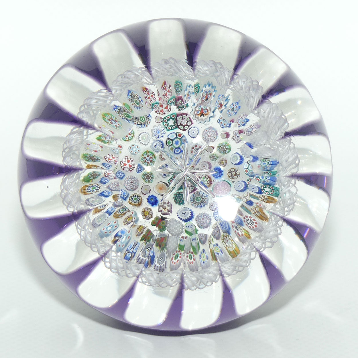 John Deacons Scotland Amethyst Flash Overlay Closepack Millefiori paperweight