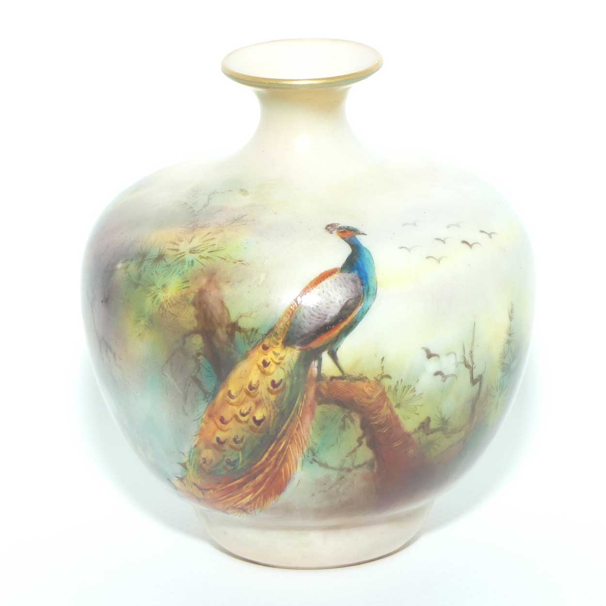 Royal Worcester hand painted Peacocks miniature vase | signed J Flexman