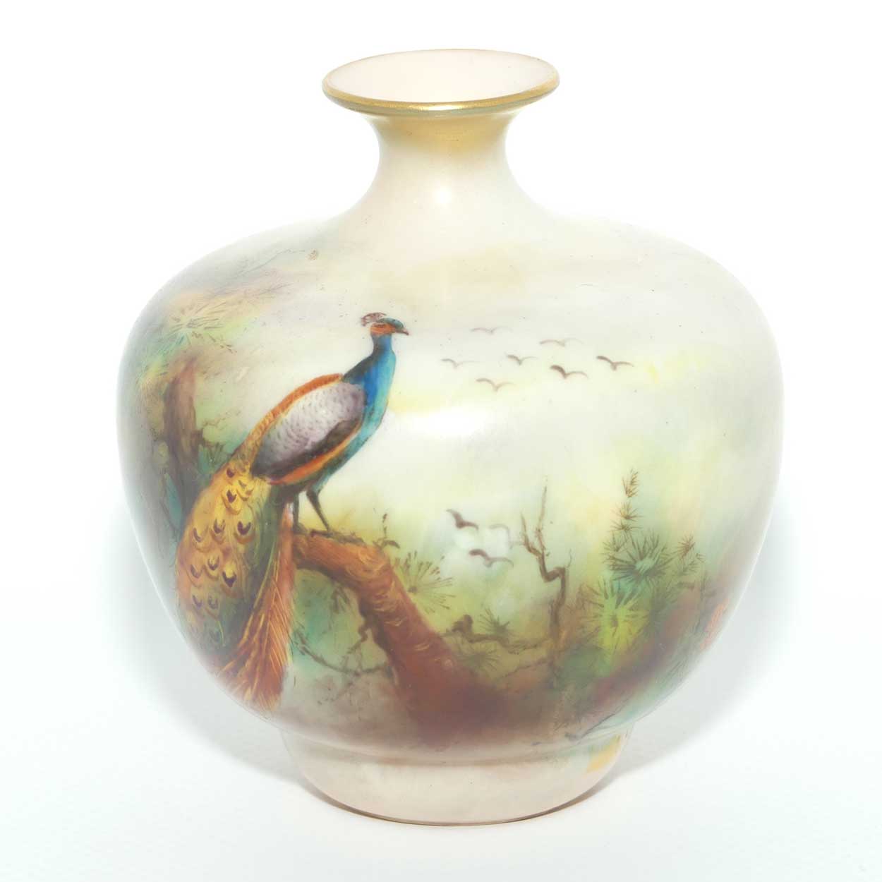 Royal Worcester hand painted Peacocks miniature vase | signed J Flexman