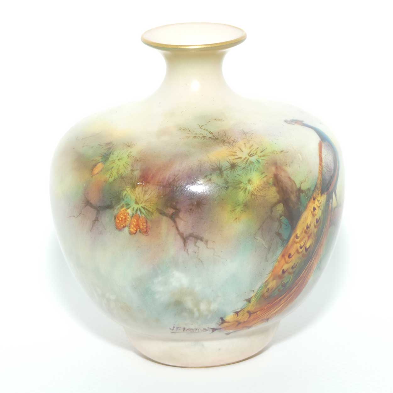 Royal Worcester hand painted Peacocks miniature vase | signed J Flexman