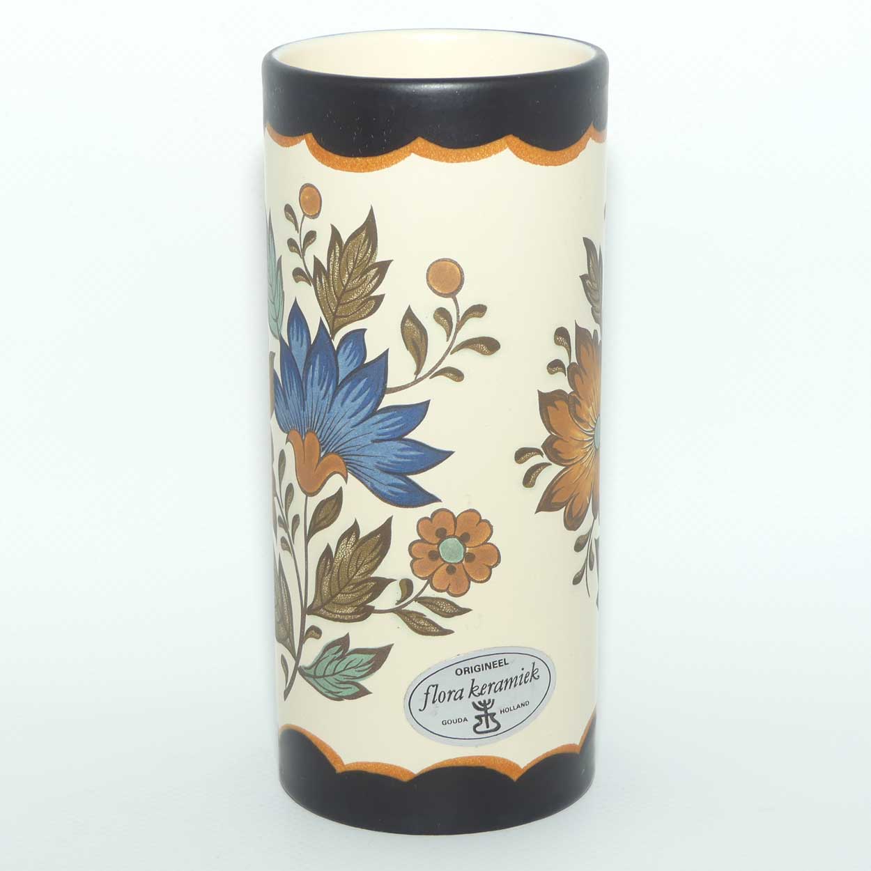 Gouda Pottery Holland Flora pattern cylindrical vase | original label intact