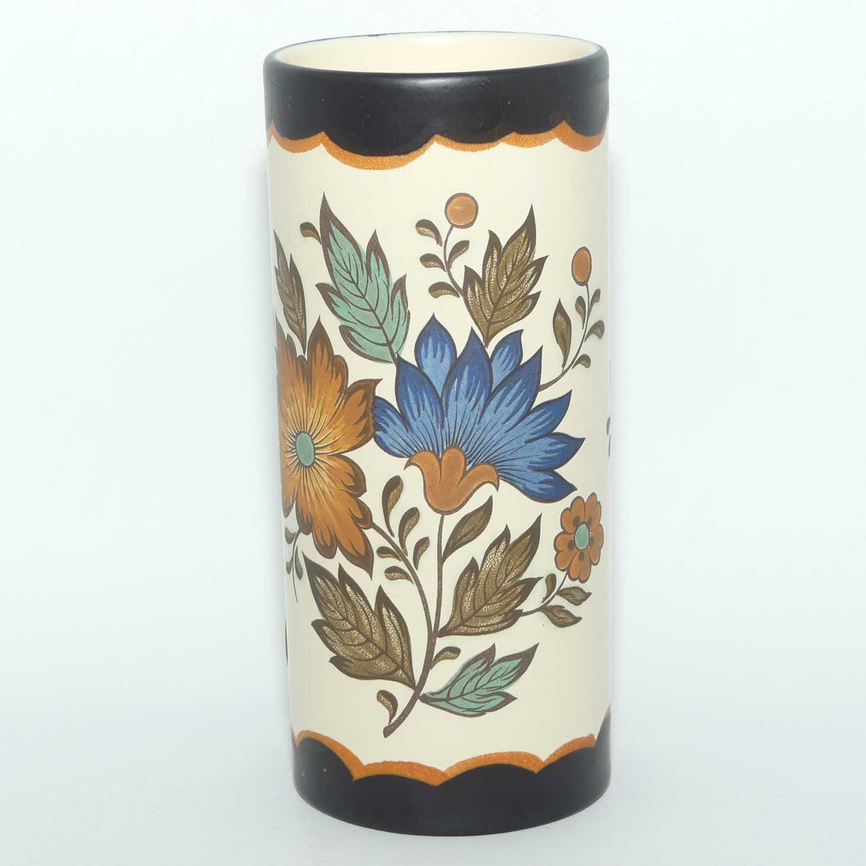 Gouda Pottery Holland Flora pattern cylindrical vase | original label intact