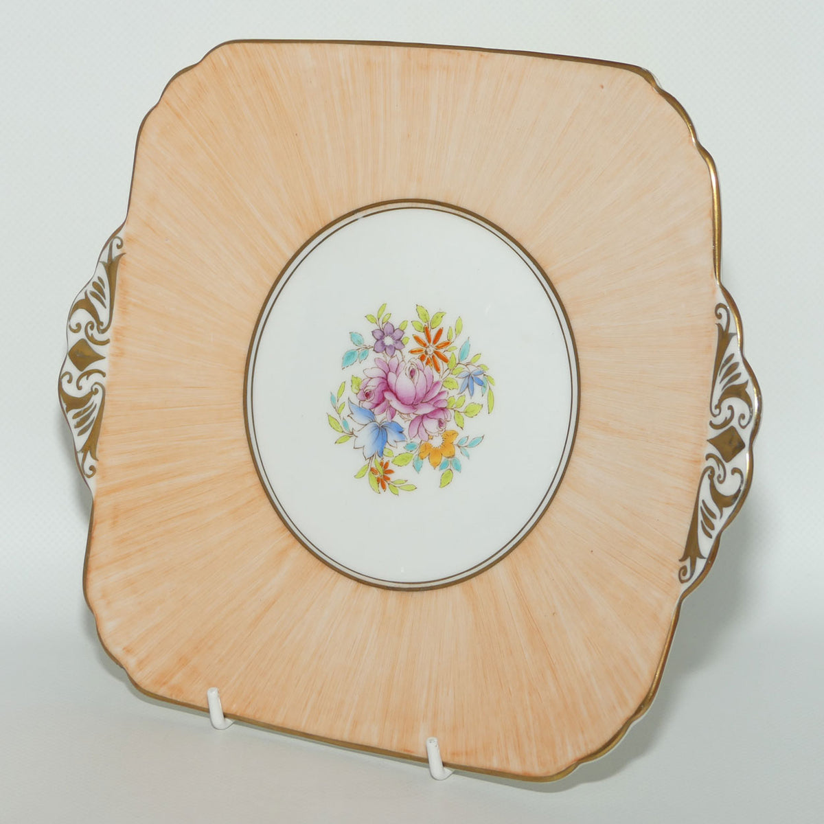 Foley Bone China Floral tab handle cake plate | Apricot border