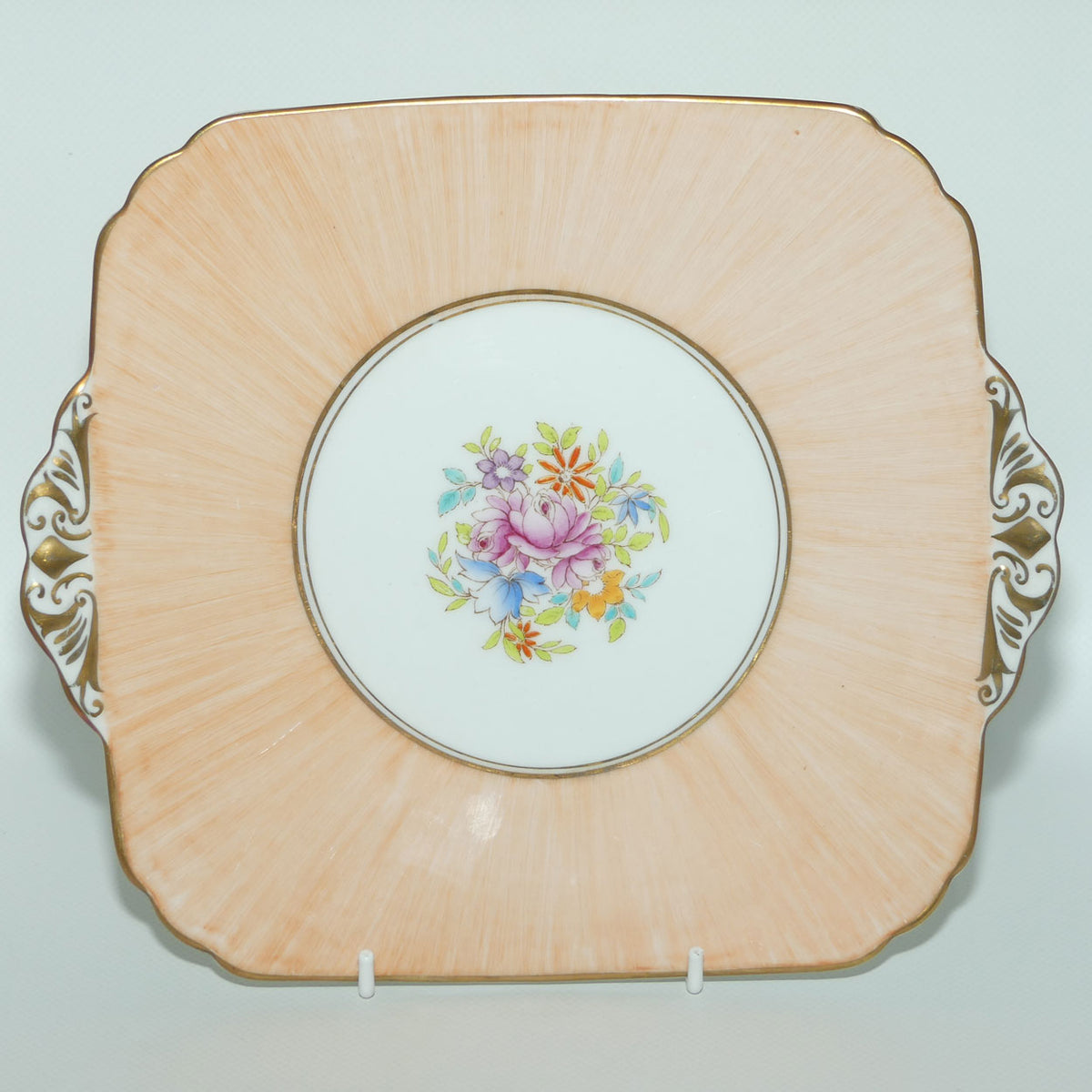 Foley Bone China Floral tab handle cake plate | Apricot border