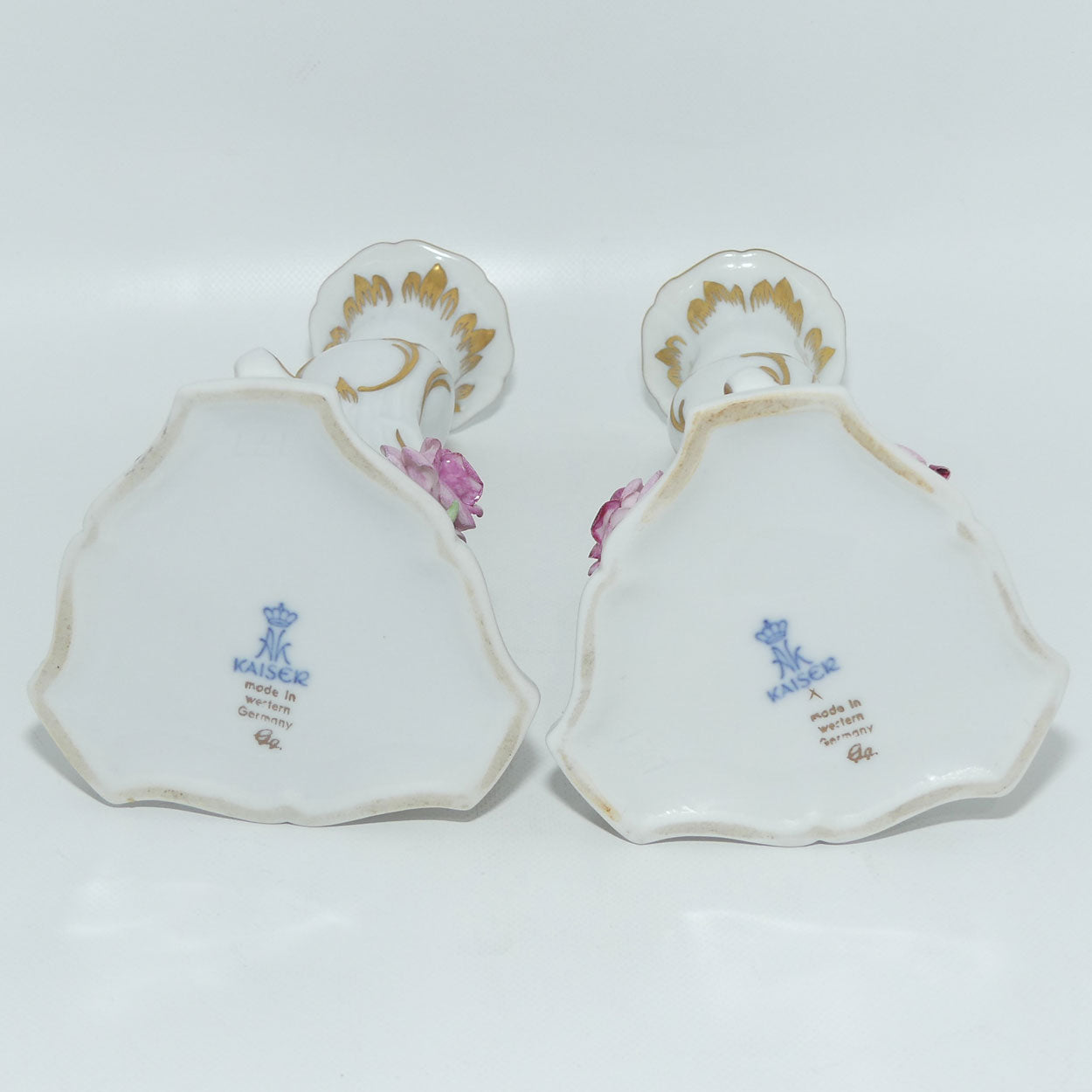 AK Kaiser West Germany Pair of Applied Floral candlesticks