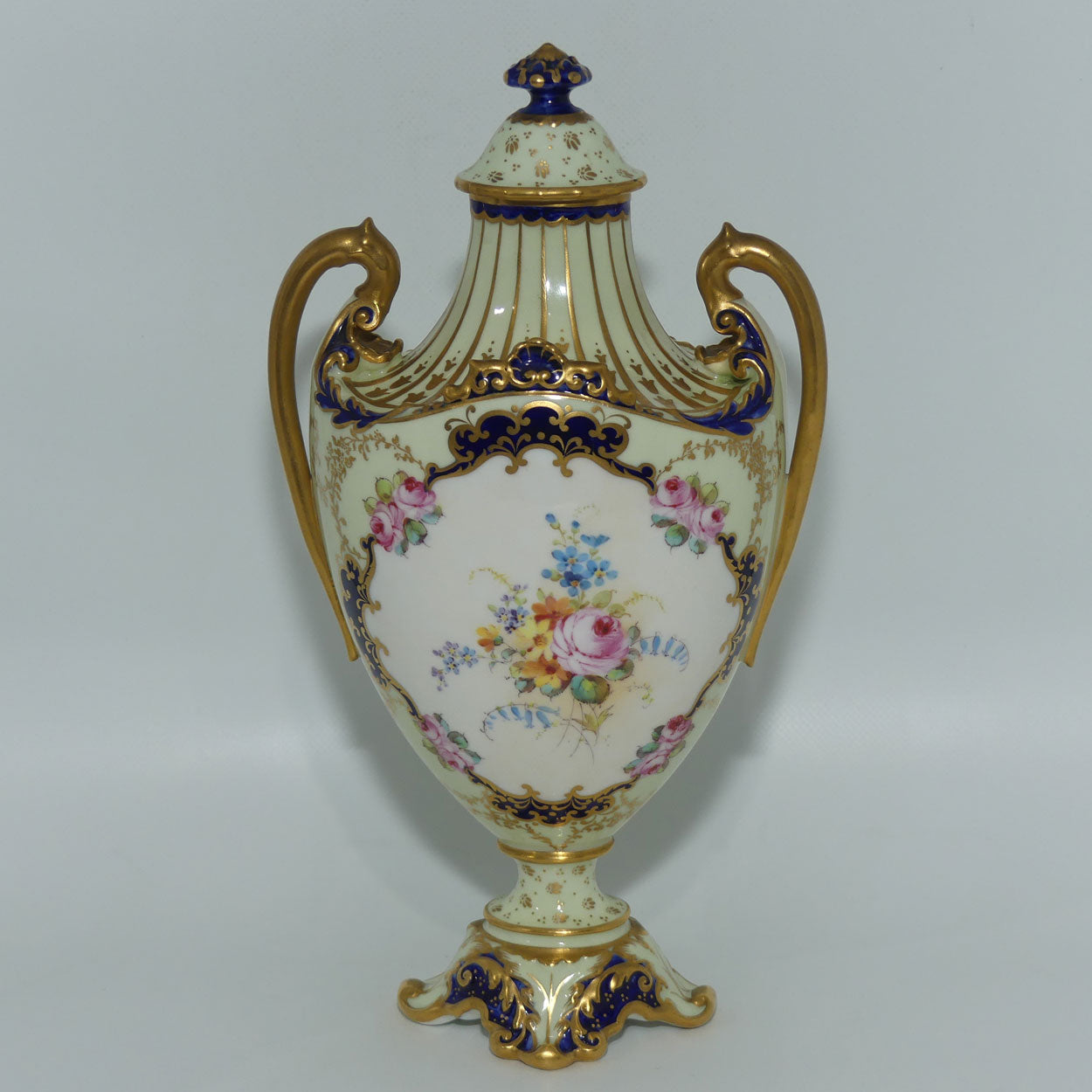 Royal Crown Derby hand painted floral twin handle lidded urn | AF Wood | c.1897