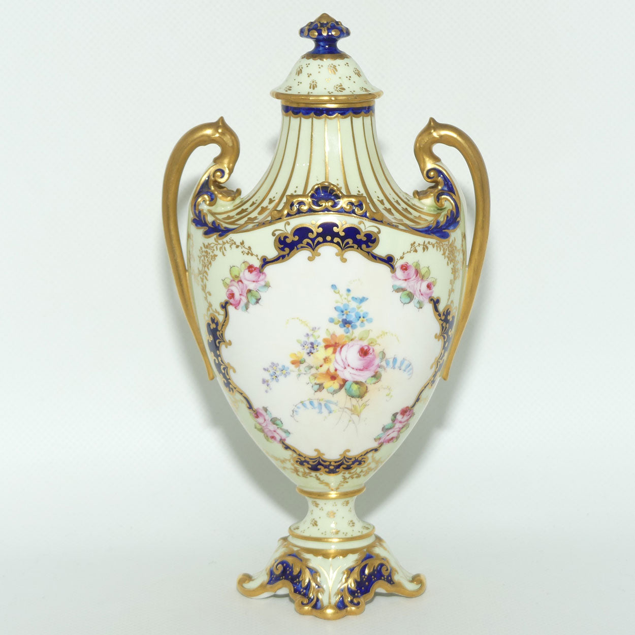 Royal Crown Derby hand painted floral twin handle lidded urn | AF Wood | c.1897