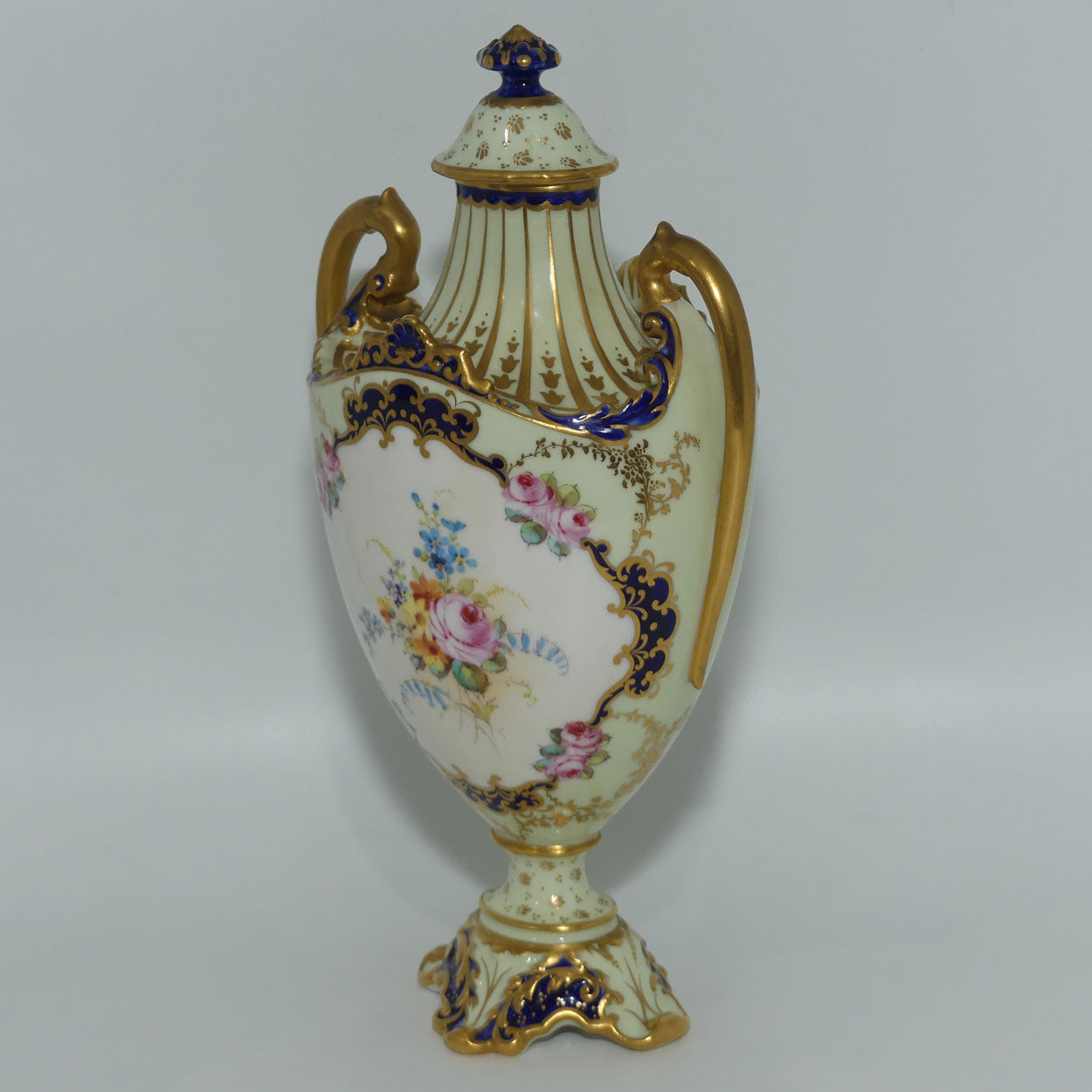Royal Crown Derby hand painted floral twin handle lidded urn | AF Wood | c.1897