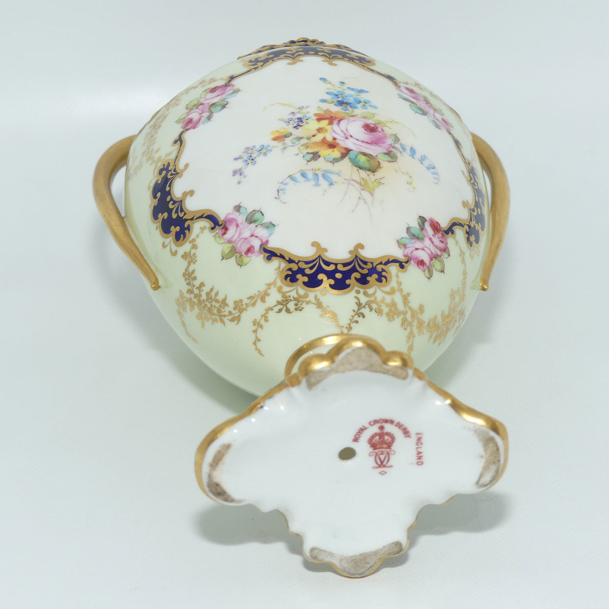 Royal Crown Derby hand painted floral twin handle lidded urn | AF Wood | c.1897