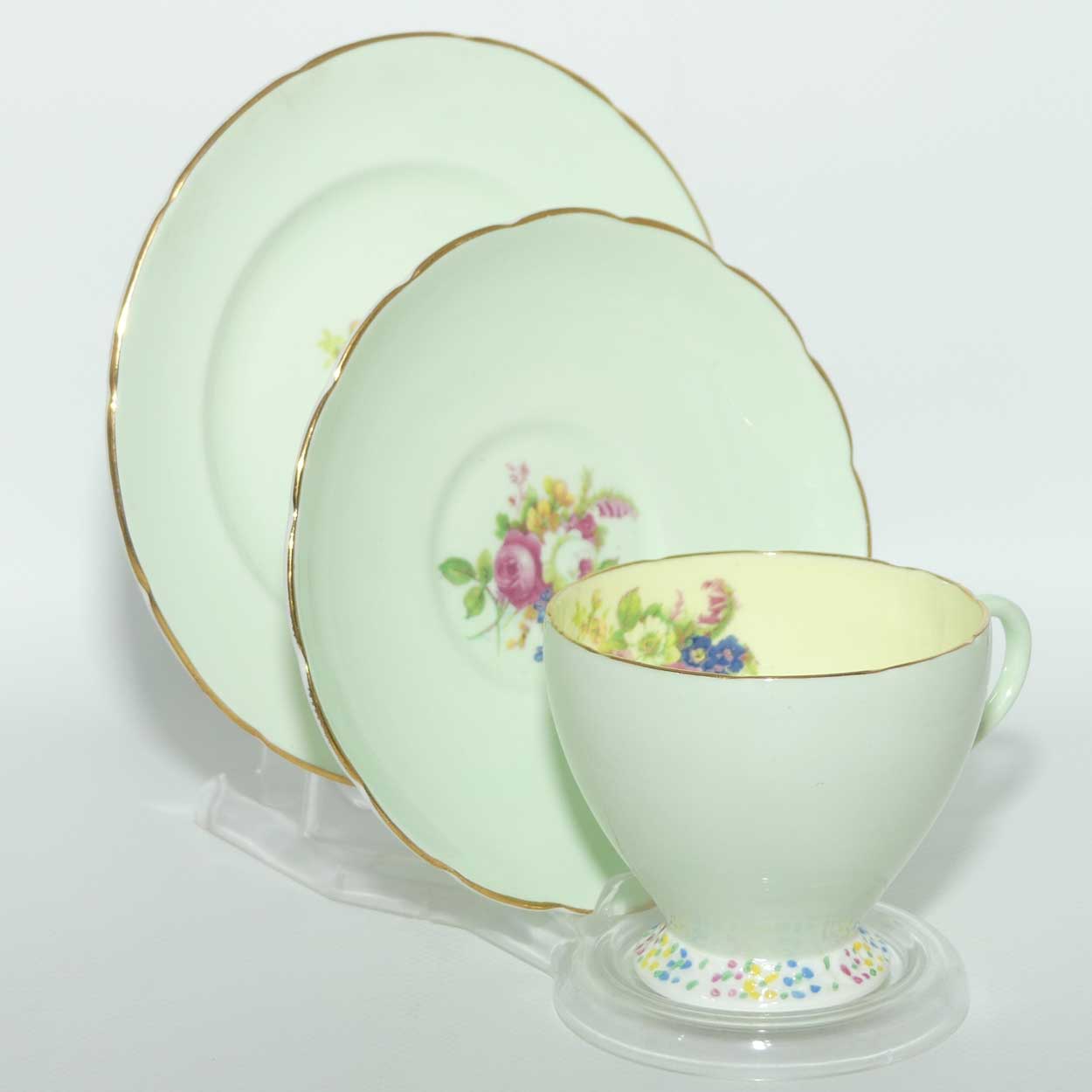 EB Foley Bone China Floral Spray trio | Light Green exterior | Yellow interior