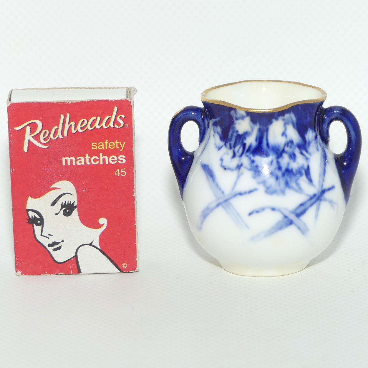 Royal Doulton Flow Blue Floral twin handle miniature vase | Gilt trim