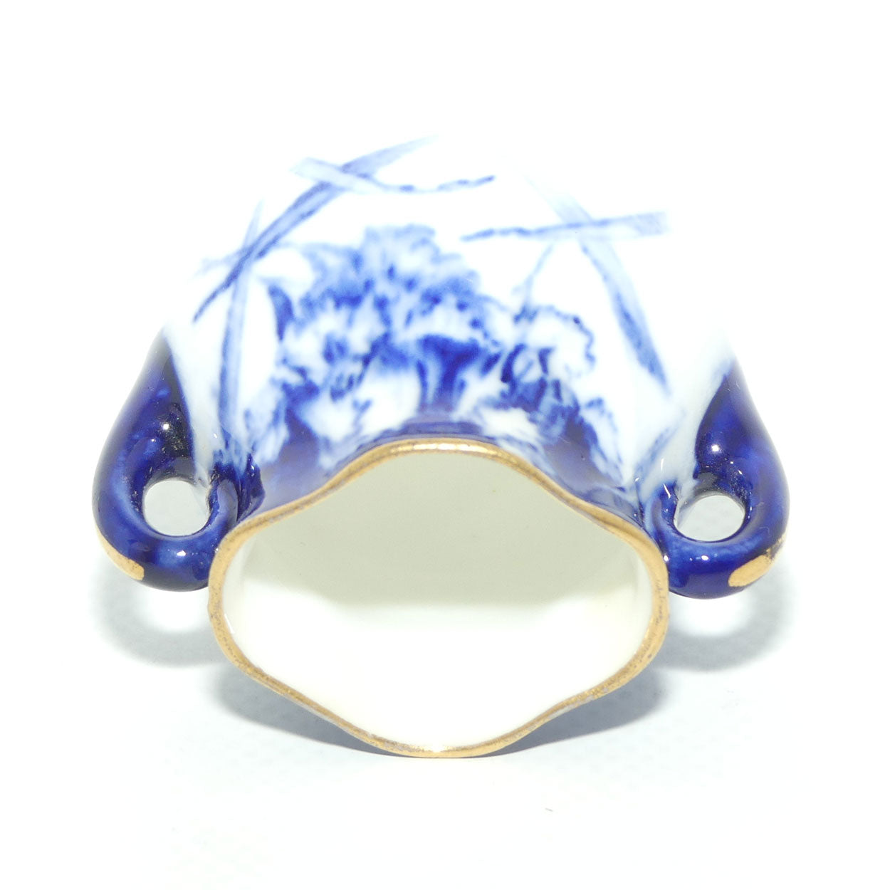 Royal Doulton Flow Blue Floral twin handle miniature vase | Gilt trim