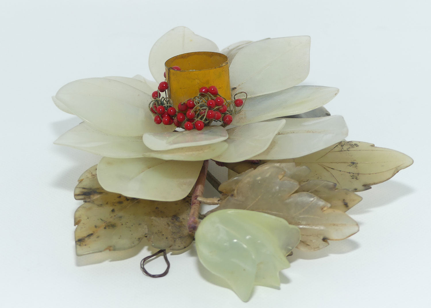 Mid 20th Century Chinese Nephrite Green Jade Flower Candleholder