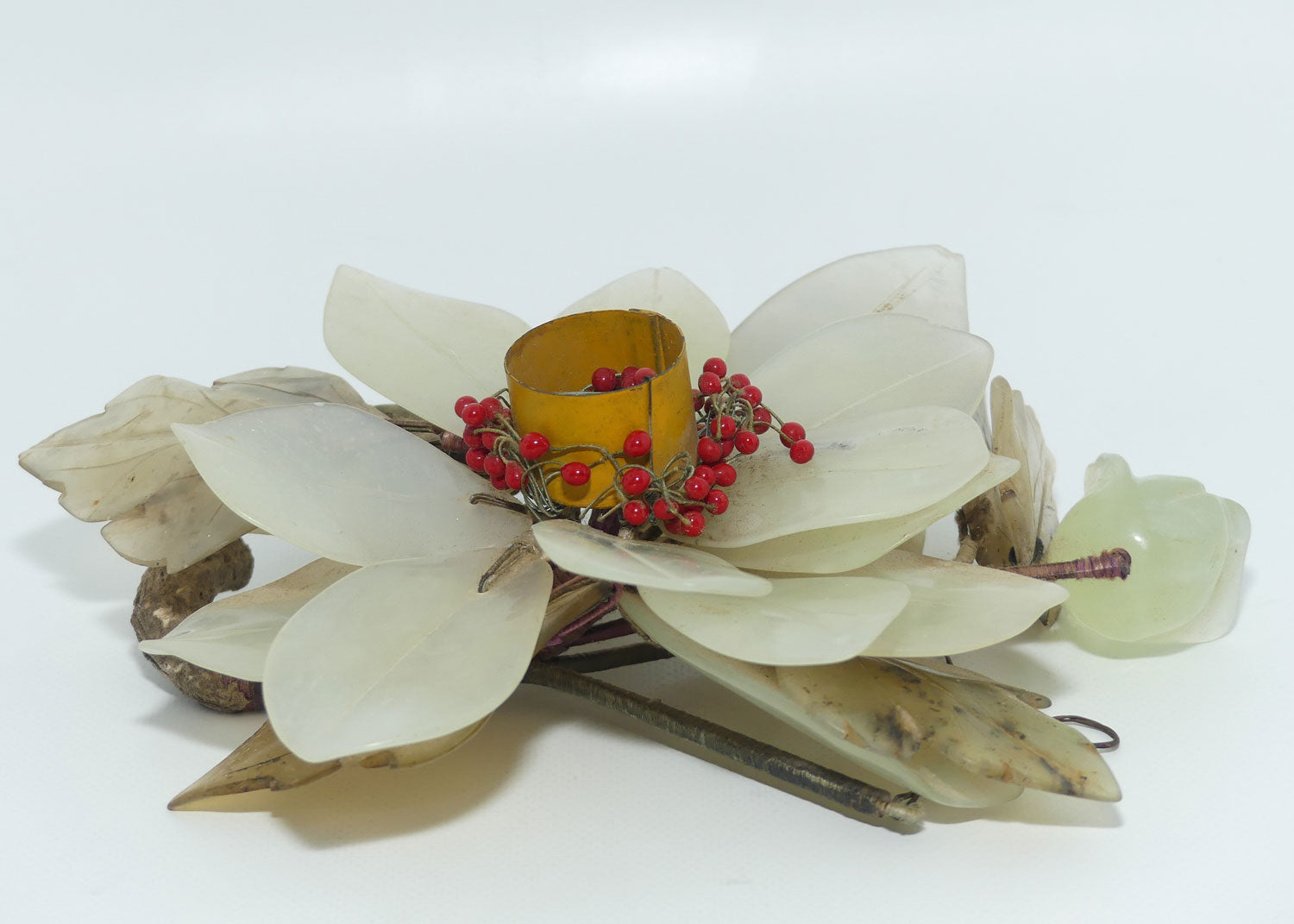 Mid 20th Century Chinese Nephrite Green Jade Flower Candleholder