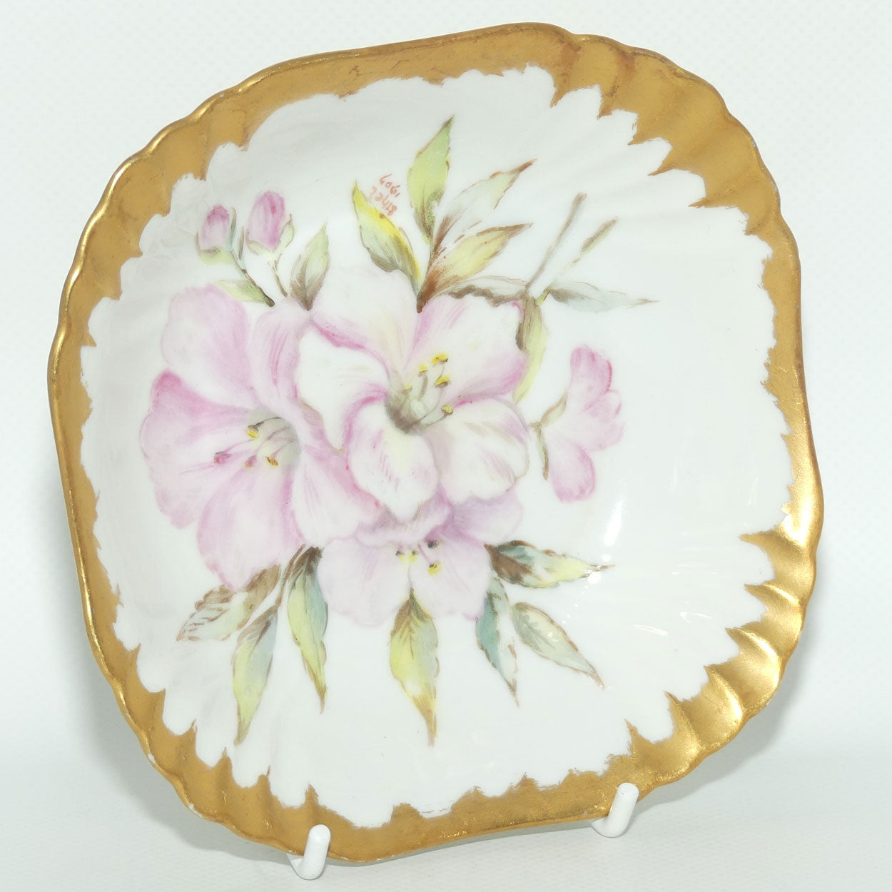Early Australian China Painted gilt border square bowl decorated with Azalea | #1 | by Ethel L Thomas 1907