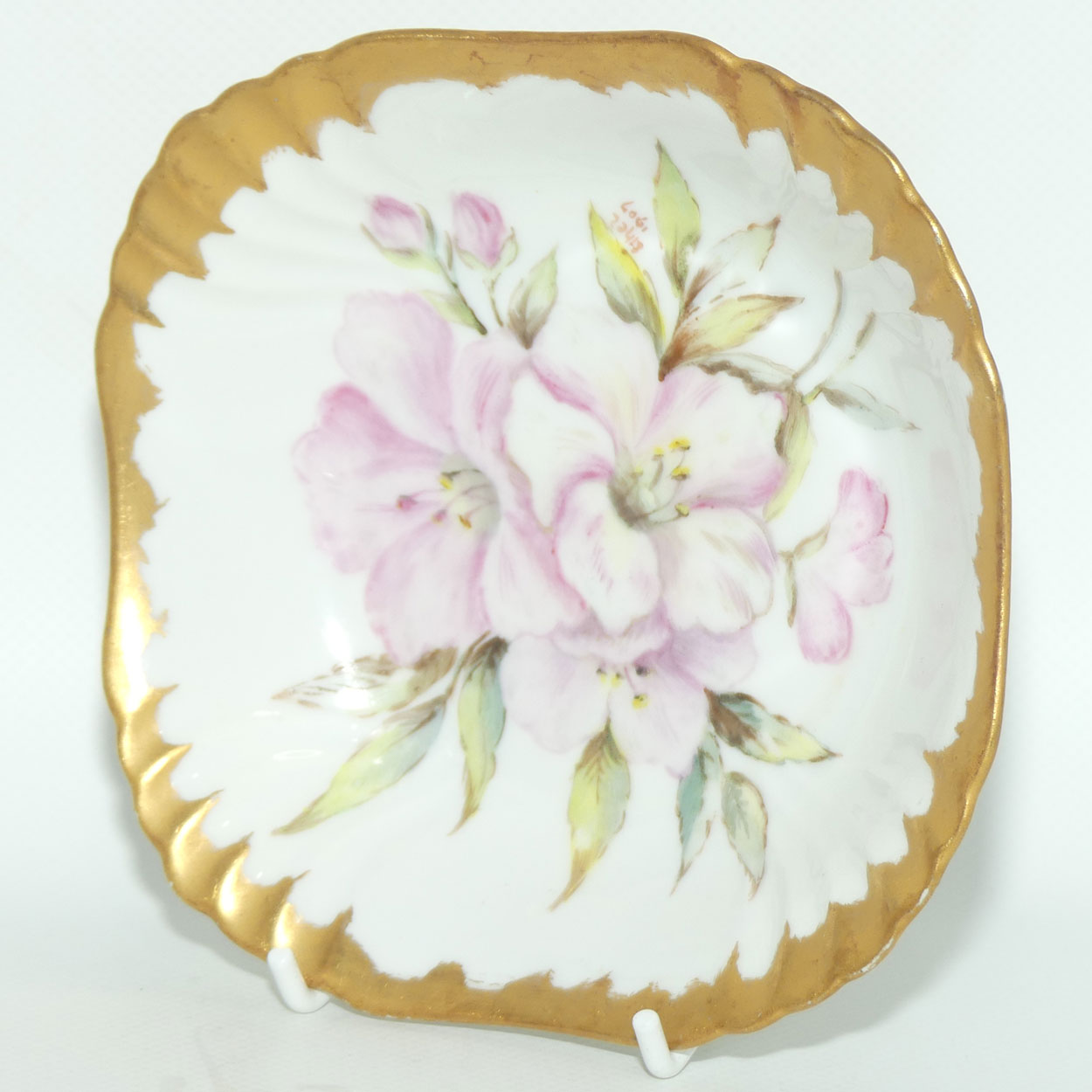 Early Australian China Painted gilt border square bowl decorated with Azalea | #1 | by Ethel L Thomas 1907