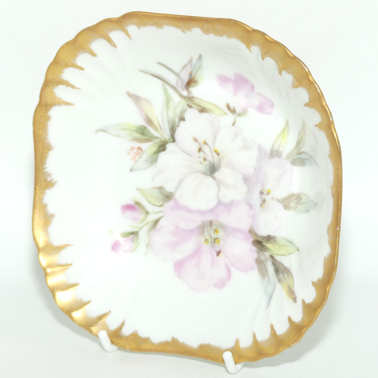 Early Australian China Painted gilt border square bowl decorated with Azalea | #2 | by Ethel L Thomas 1907