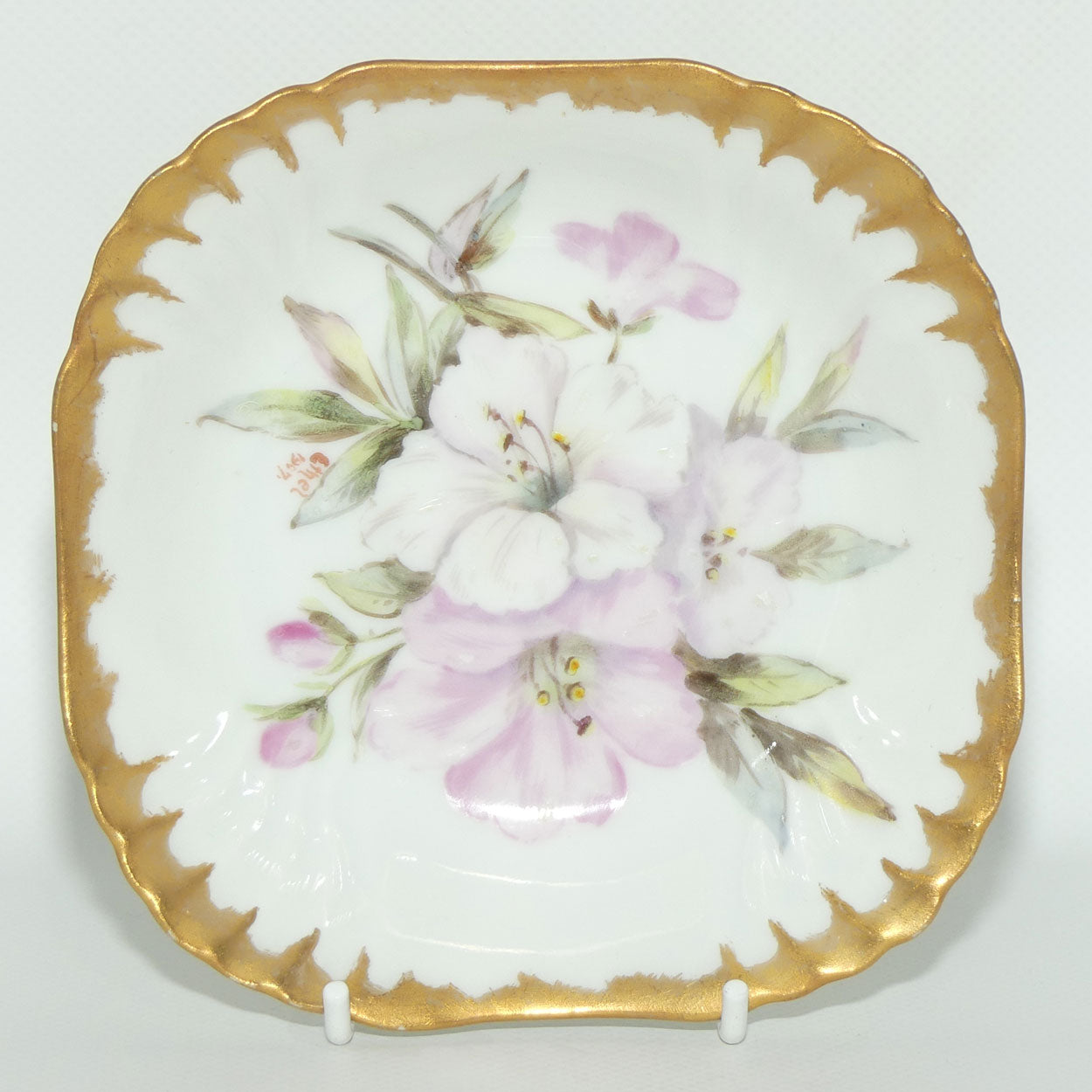Early Australian China Painted gilt border square bowl decorated with Azalea | #2 | by Ethel L Thomas 1907