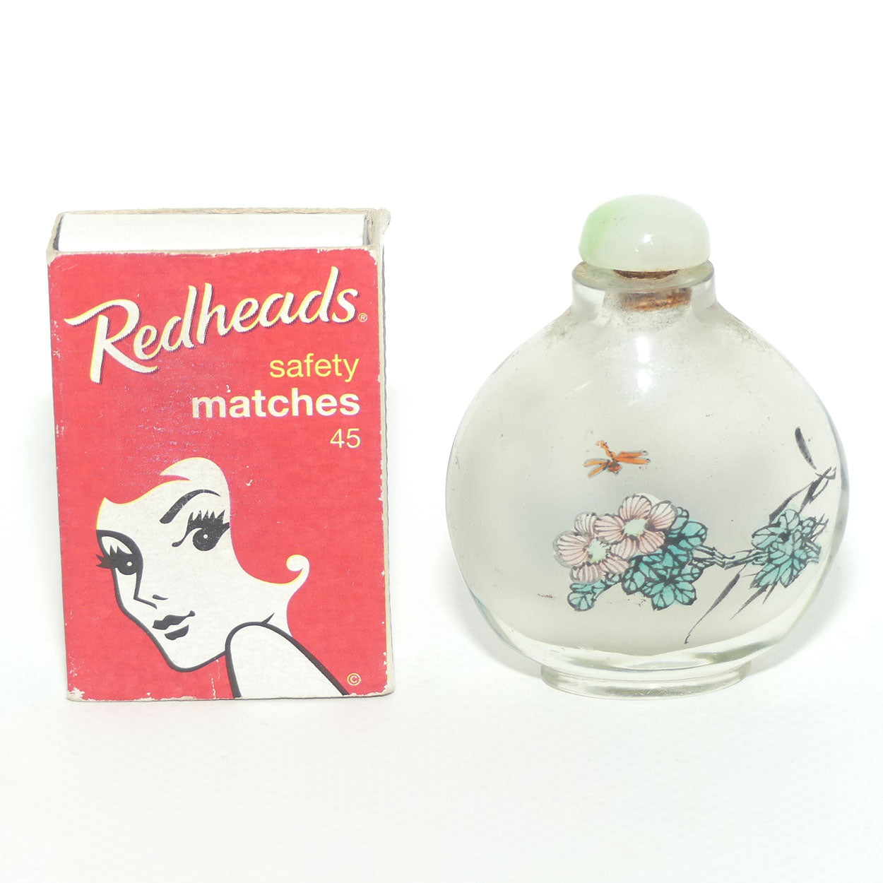 Chinese Reverse Painted Snuff bottle | Pink Flower and Dragonfly | Green Stopper