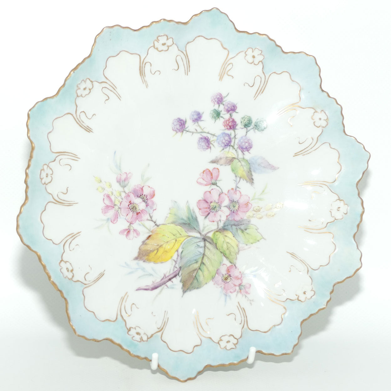Early Australian China Painted frilled edge plate decorated with Flowers and Blackberries | #4 | by Ethel L Thomas 1909