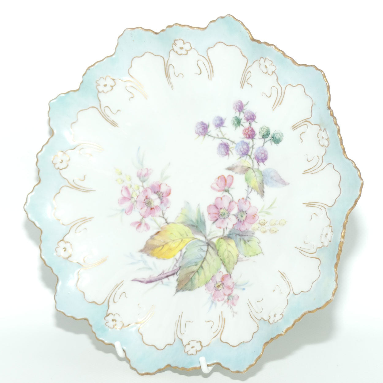 Early Australian China Painted frilled edge plate decorated with Flowers and Blackberries | #4 | by Ethel L Thomas 1909