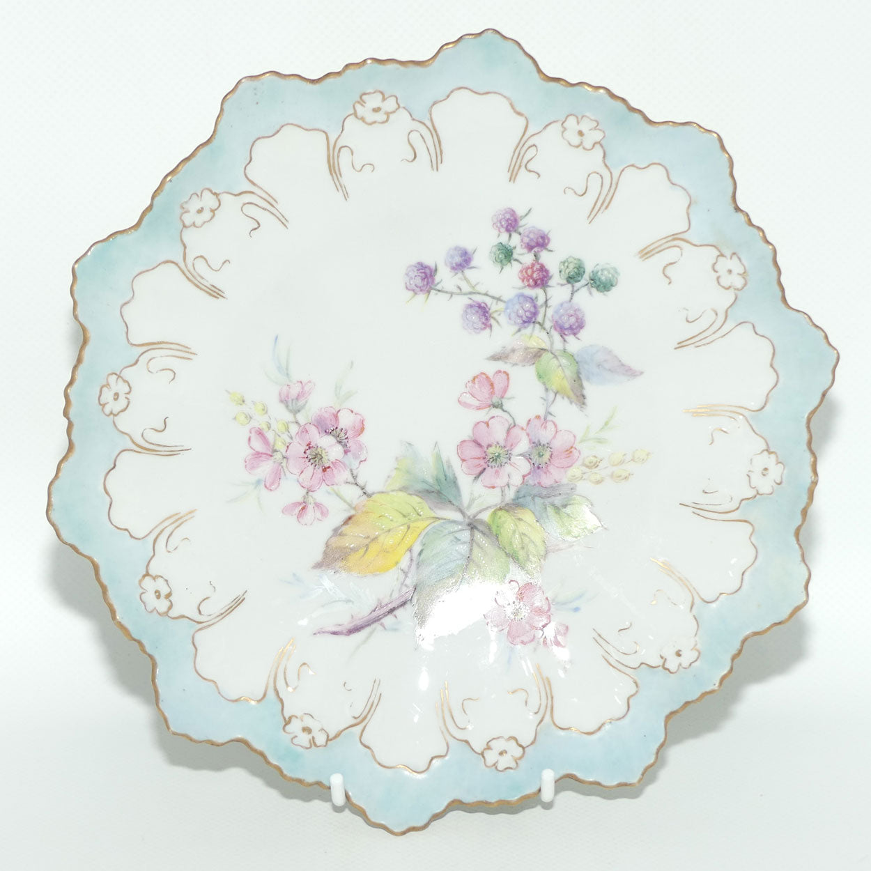 Early Australian China Painted frilled edge plate decorated with Flowers and Blackberries | #4 | by Ethel L Thomas 1909