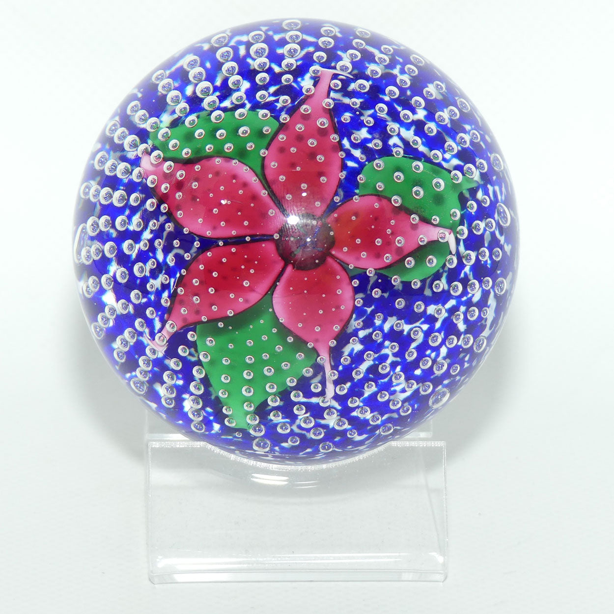 John Deacons Scotland Flower in the Rain Magnum paperweight | Cerise Flower | Deep Blue ground