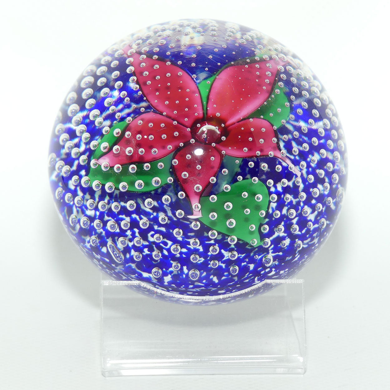 John Deacons Scotland Flower in the Rain Magnum paperweight | Cerise Flower | Deep Blue ground