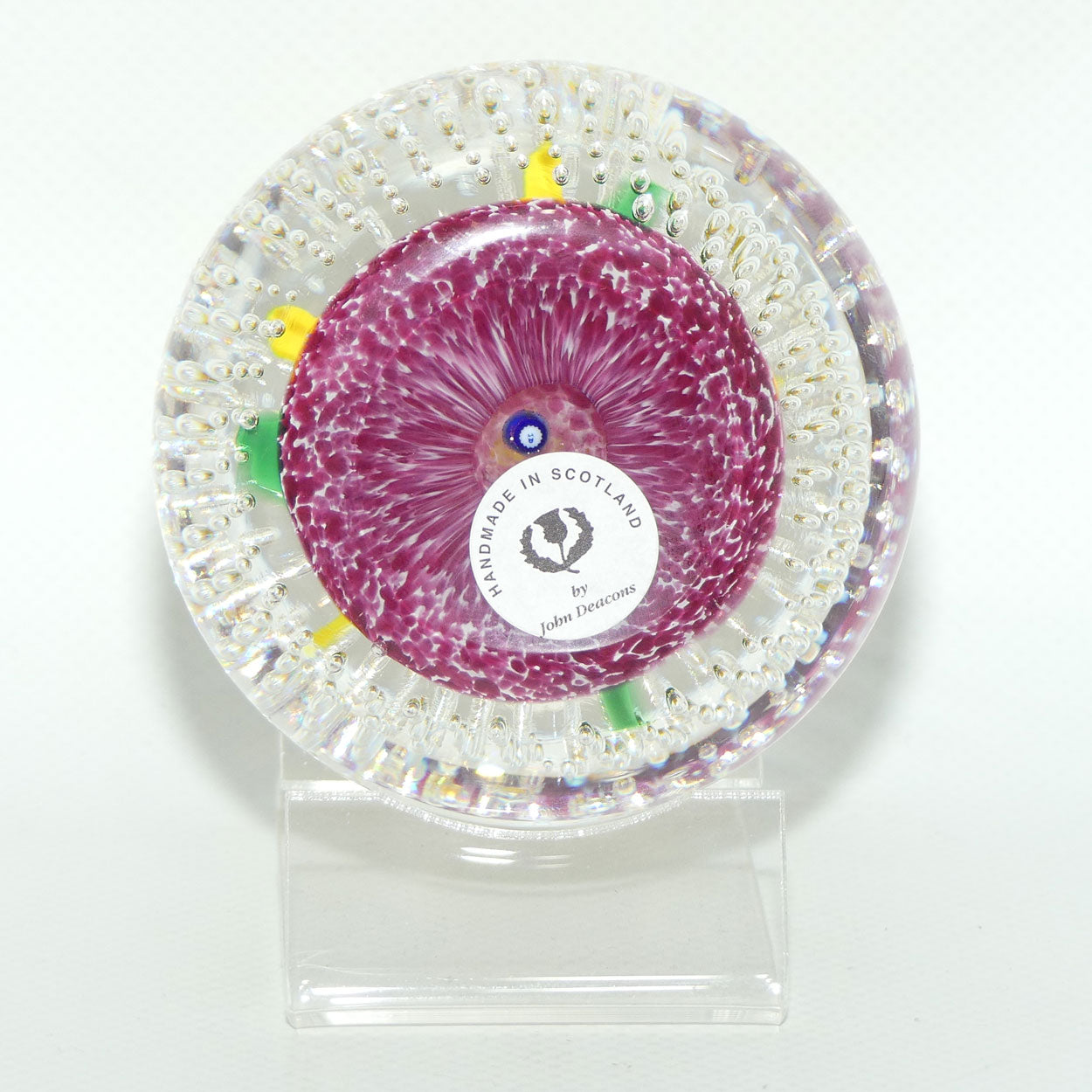 John Deacons Scotland Flower in the Rain Magnum paperweight | Yellow Flower | Cerise ground