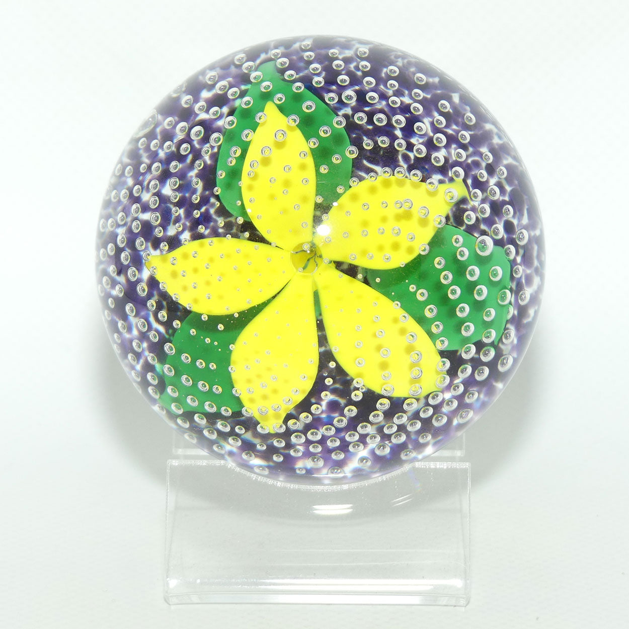 John Deacons Scotland Flower in the Rain Magnum paperweight | Yellow Flower | Purple ground