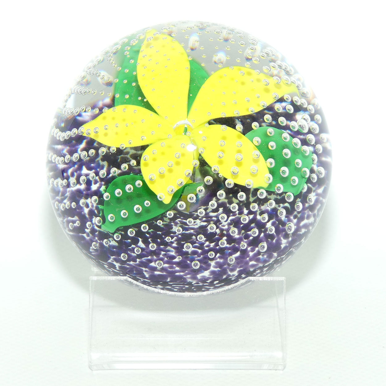 John Deacons Scotland Flower in the Rain Magnum paperweight | Yellow Flower | Purple ground