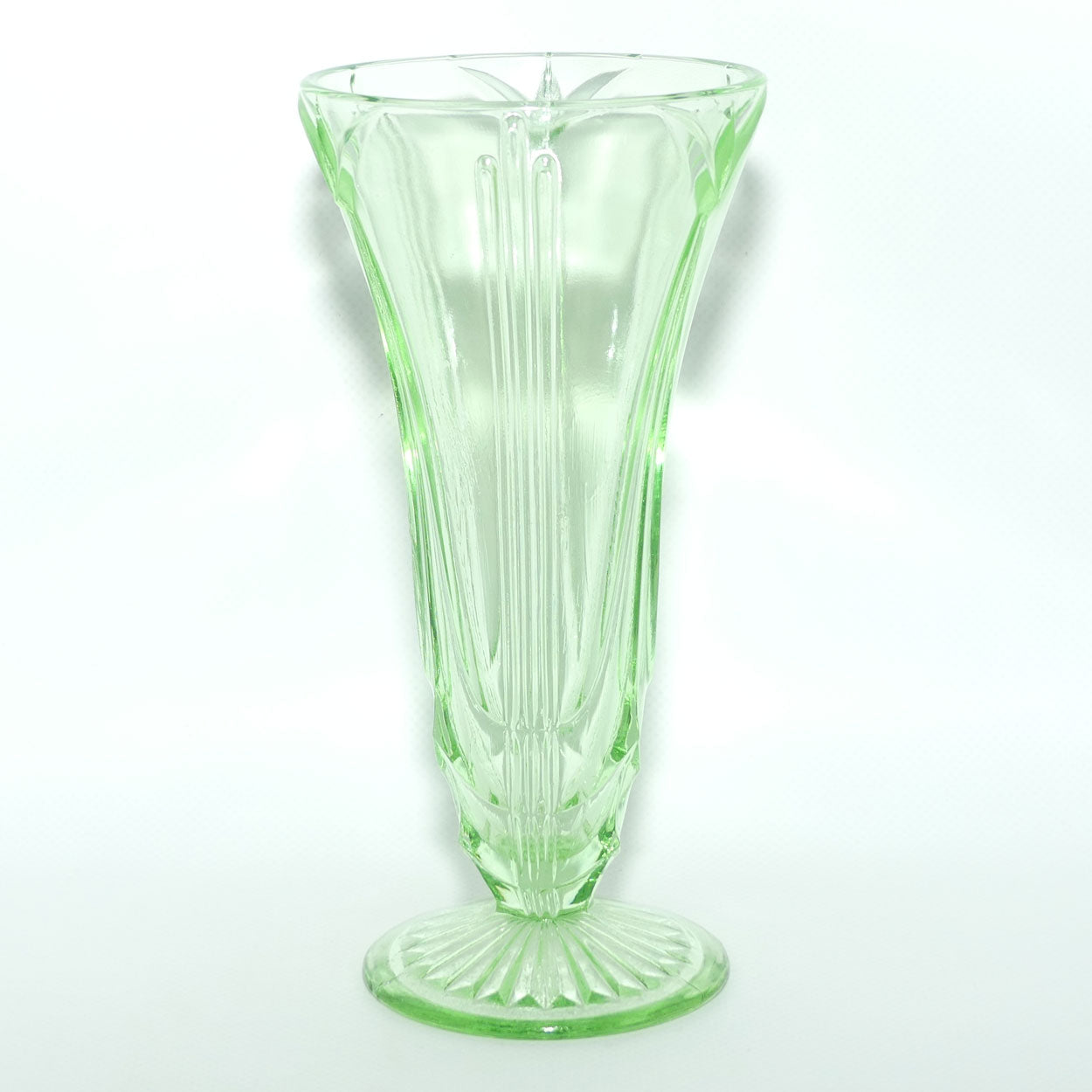 Green Depression Glass footed vase | 19cm | patterned design | #1