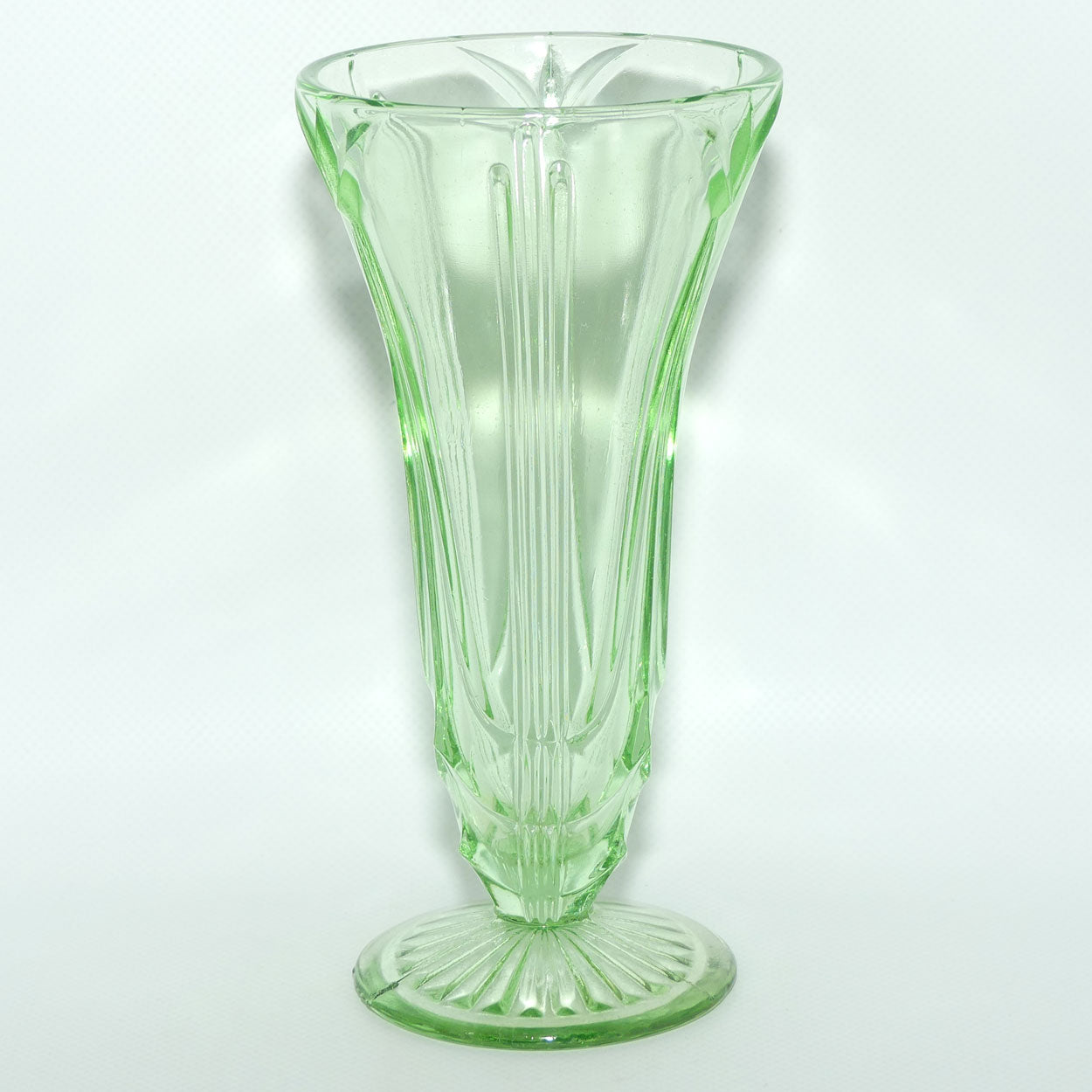 Green Depression Glass footed vase | 19cm | patterned design | #2