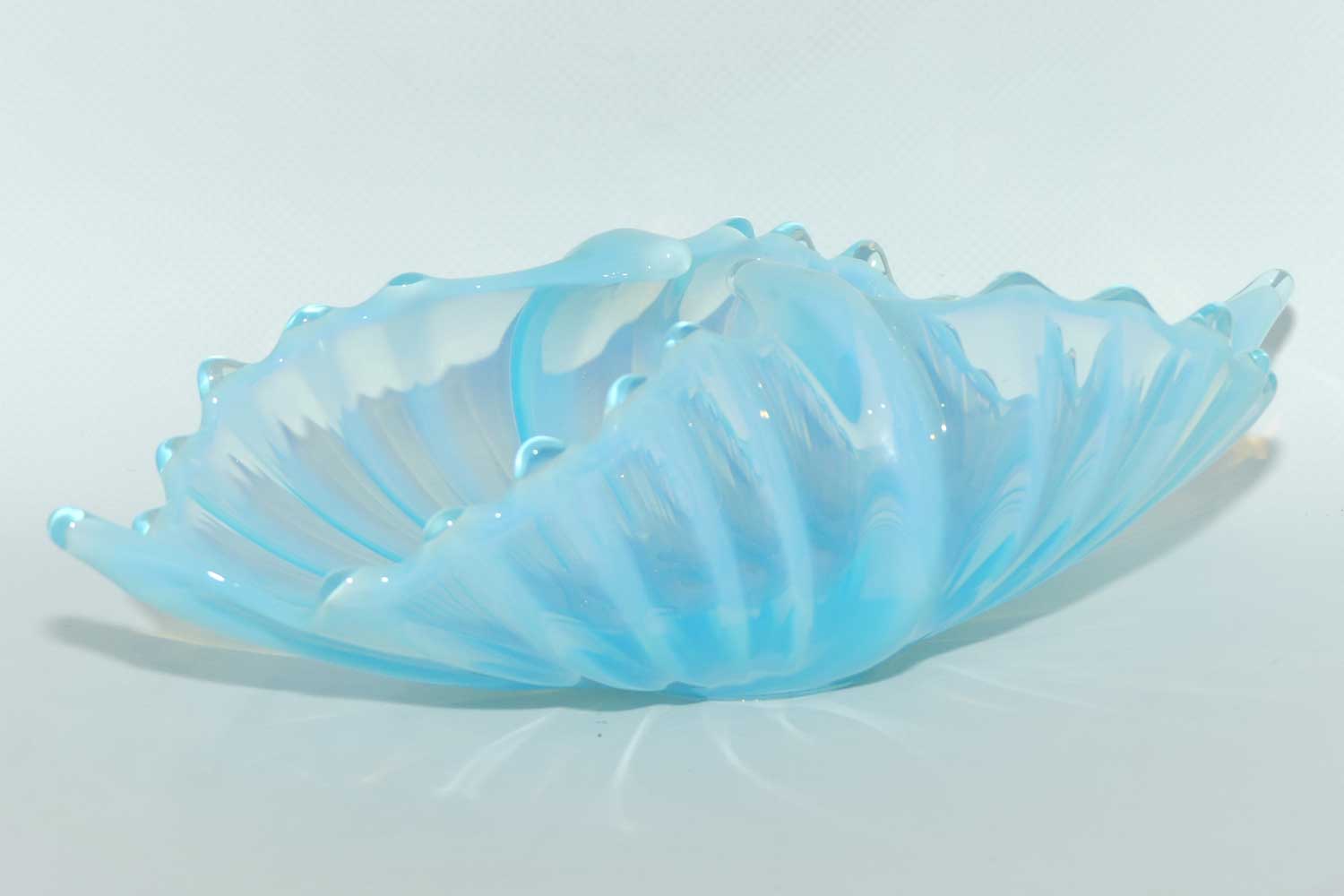 Vintage Mid Century Fostoria Heirloom Glass Blue Opalescent folded basket