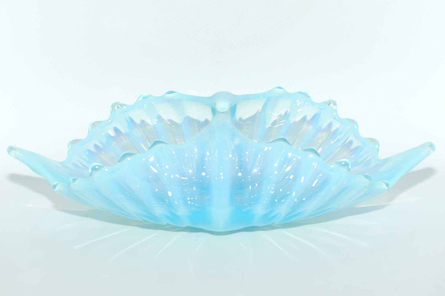 Vintage Mid Century Fostoria Heirloom Glass Blue Opalescent folded basket