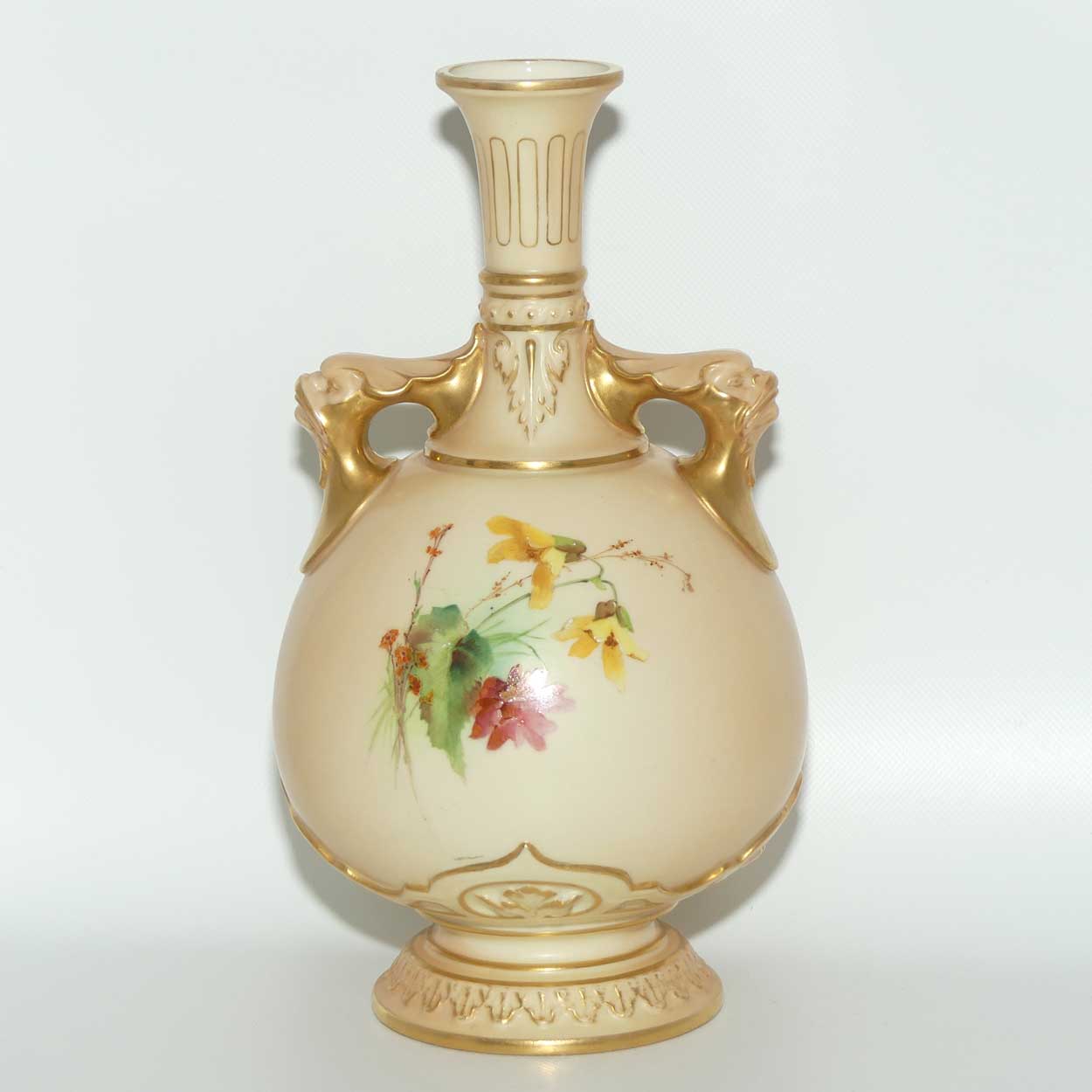 Royal Worcester Blush Ivory hand painted four petal yellow and pink flowers bulbous handled vase