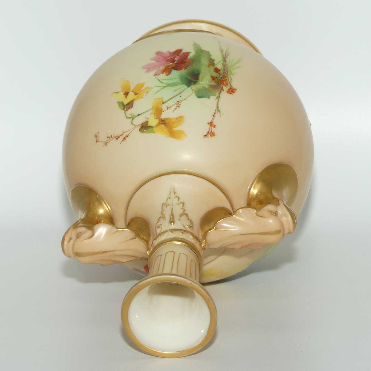 Royal Worcester Blush Ivory hand painted four petal yellow and pink flowers bulbous handled vase