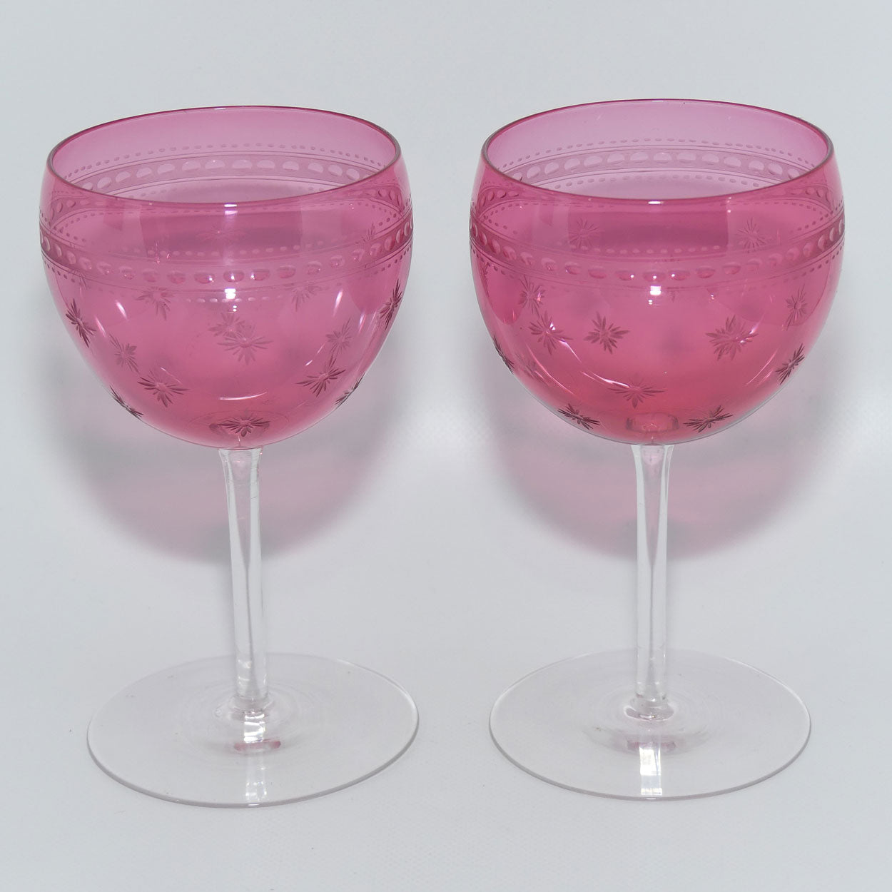 Set of 6 Antique French Cranberry Crystal wine glasses | Fine Wheel Cut decoration
