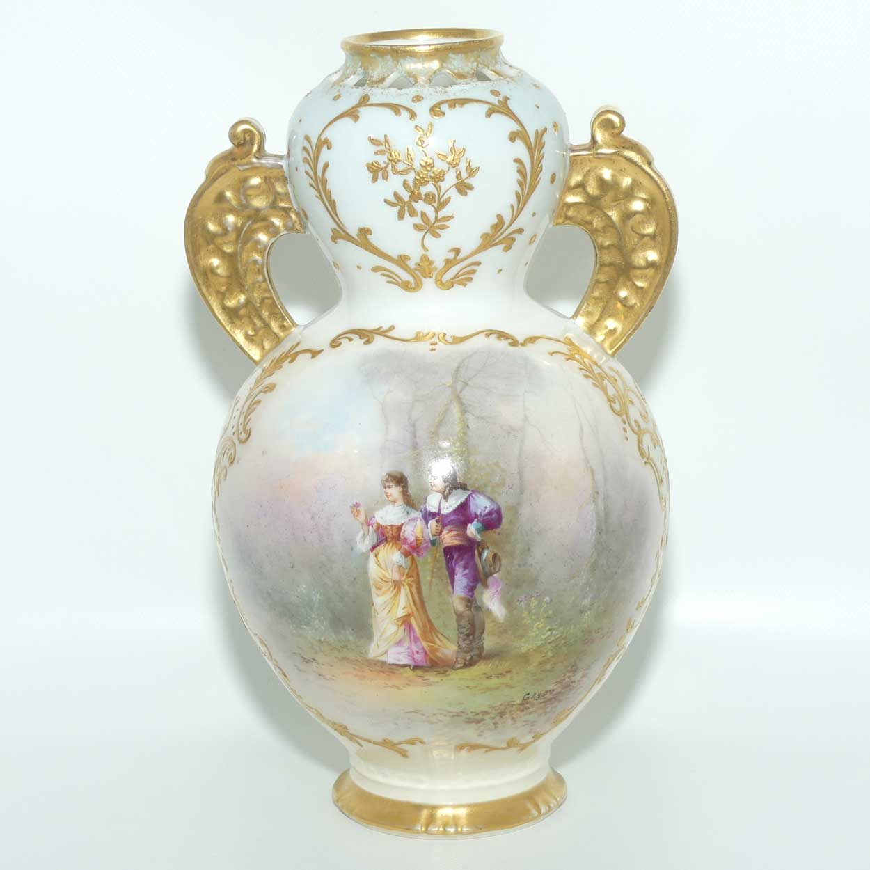 Late 19th Century French Sevres style waisted vase with reticulated rim and gilt handles