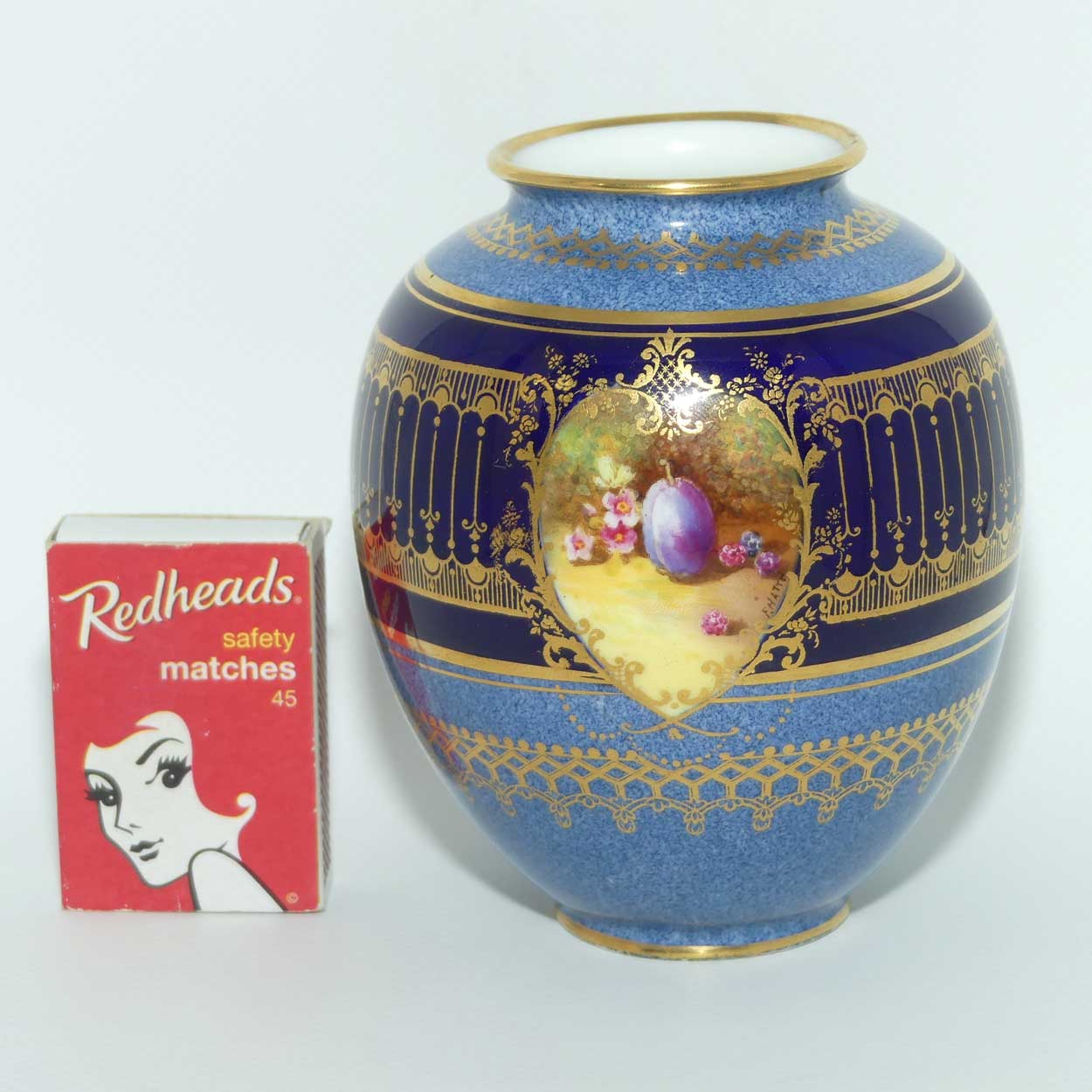 Royal Doulton hand painted Fruit cartouche vase | Blue Bands and Gilt